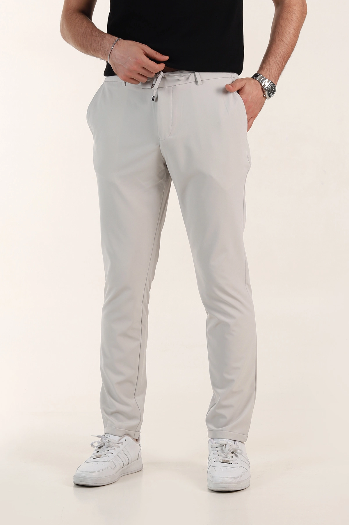 Gri Relaxed Fit Duble Kumaş Bel Lastikli Duble Paça Erkek Pantolon 362589