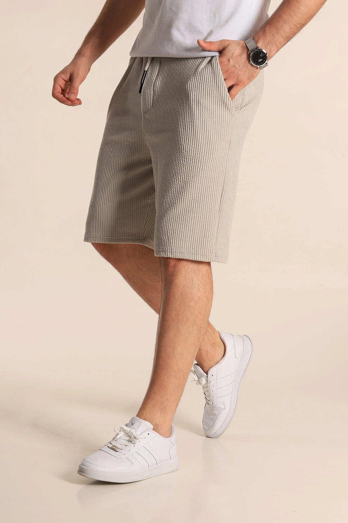 Gri Relaxed Fit Fitilli Doku Bel Lastikli Erkek Şort 272831