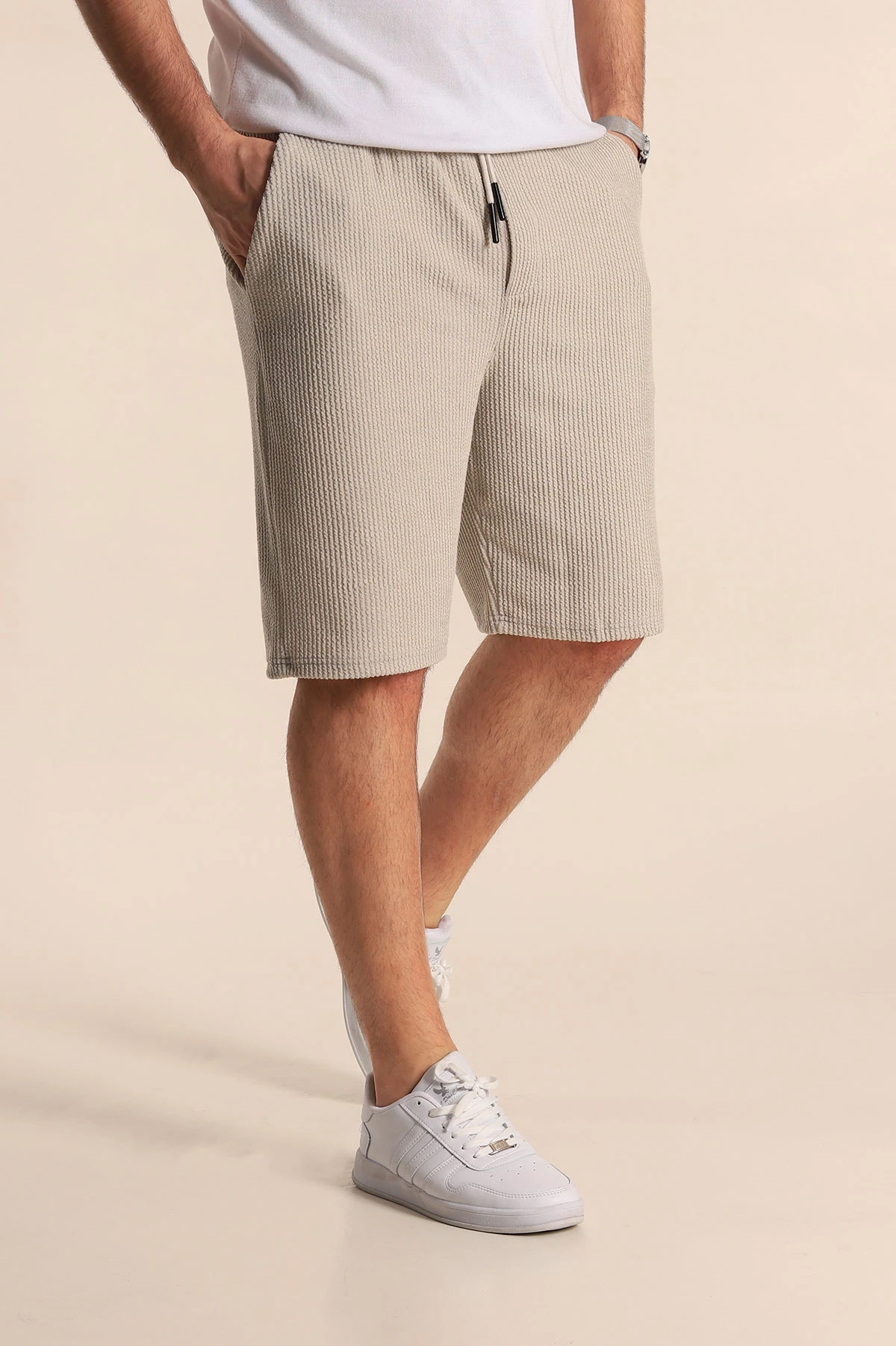 Gri Relaxed Fit Fitilli Doku Bel Lastikli Erkek Şort 272831