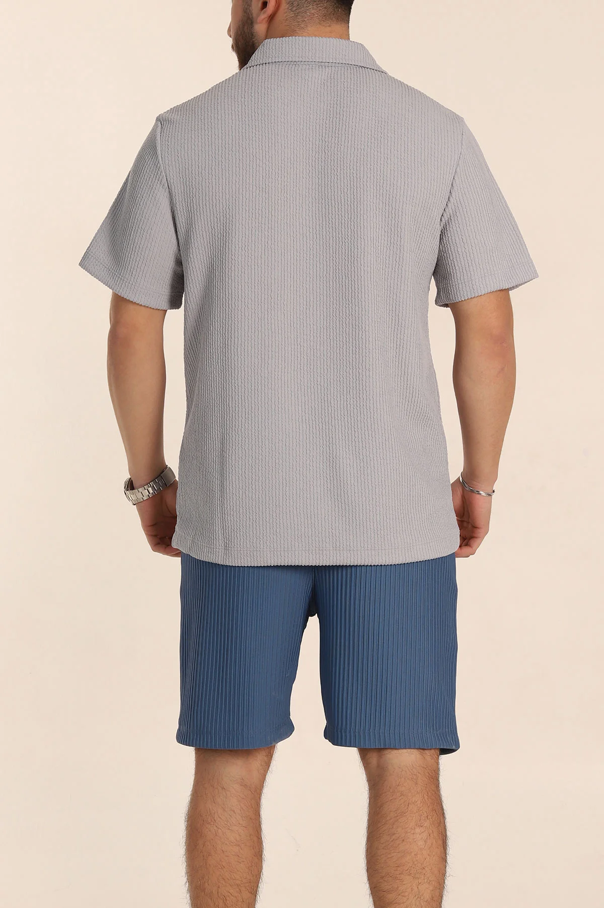 Gri Relaxed Fit Fitilli Doku Fermuarlı Polo Yaka Erkek Tişört 347559
