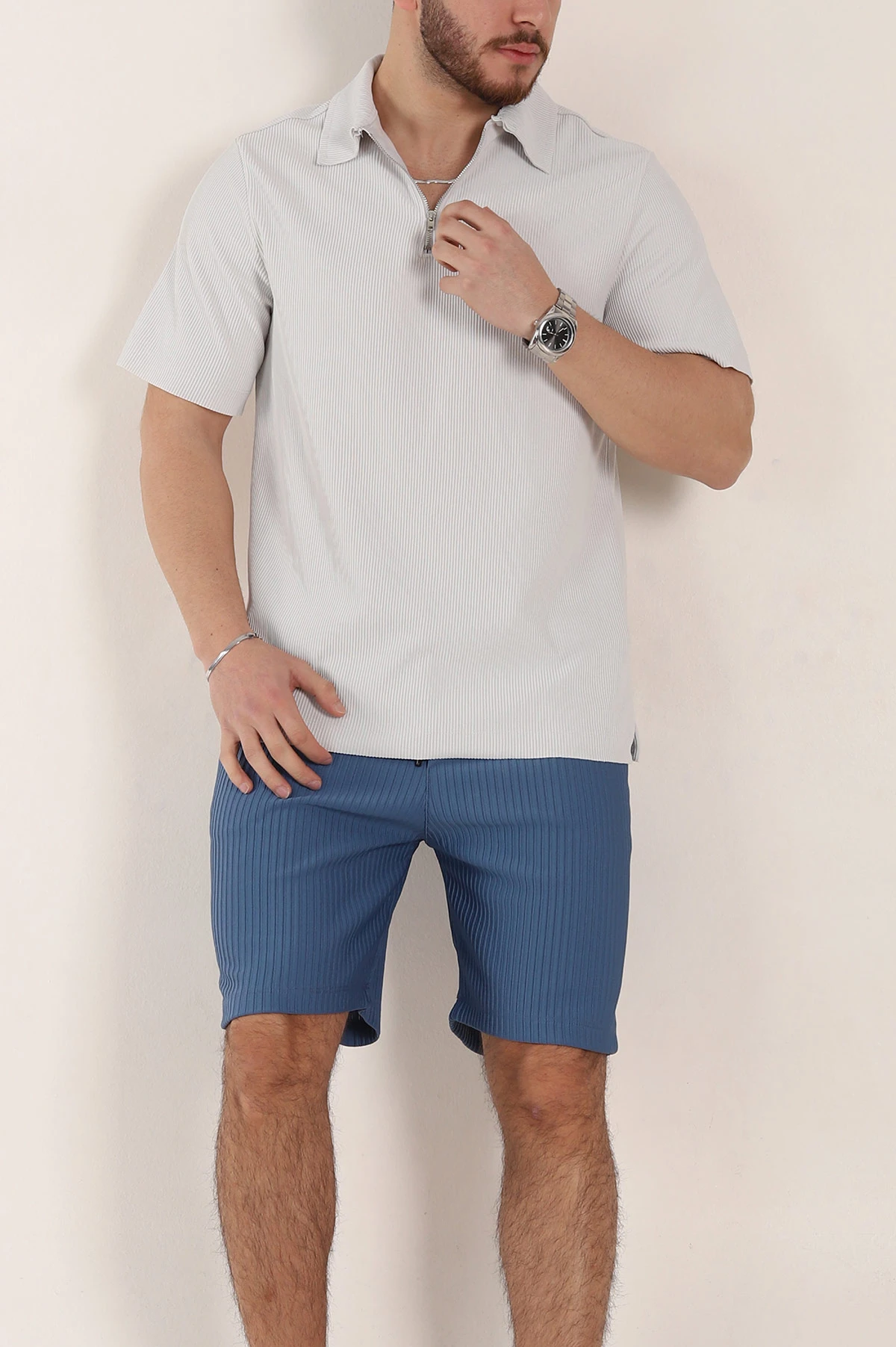Gri Relaxed Fit Fitilli Doku Fermuarlı Polo Yaka Erkek Tişört 348149