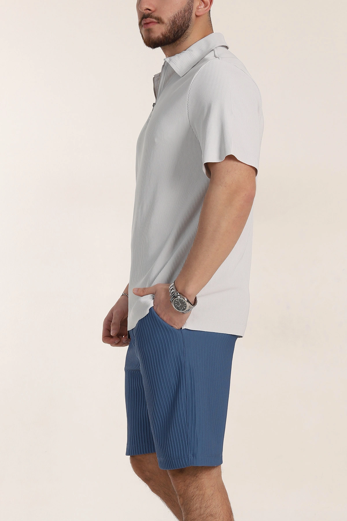 Gri Relaxed Fit Fitilli Doku Fermuarlı Polo Yaka Erkek Tişört 348149