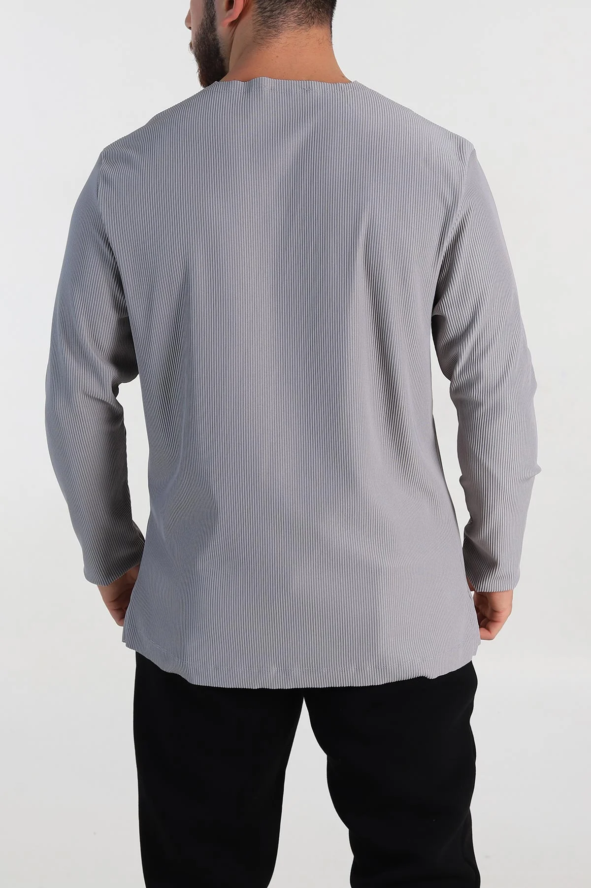 Gri Relaxed Fit Fitilli Doku Geniş Yaka Erkek Sweatshirt 300054