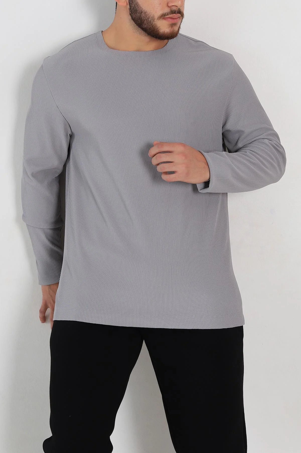 Gri Relaxed Fit Fitilli Doku Geniş Yaka Erkek Sweatshirt 300054