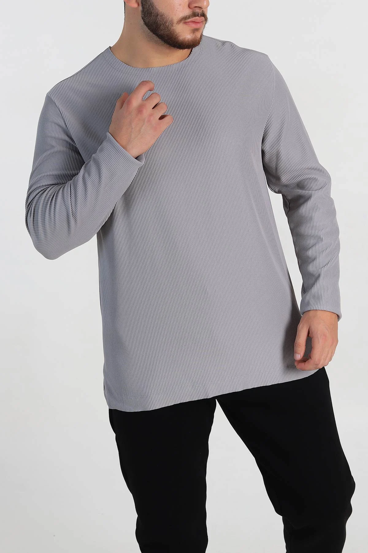 Gri Relaxed Fit Fitilli Doku Geniş Yaka Erkek Sweatshirt 300054