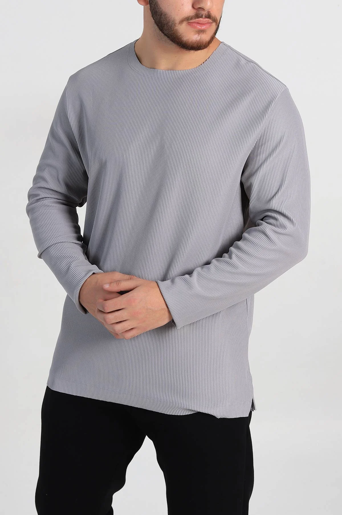 Gri Relaxed Fit Fitilli Doku Geniş Yaka Erkek Sweatshirt 300054