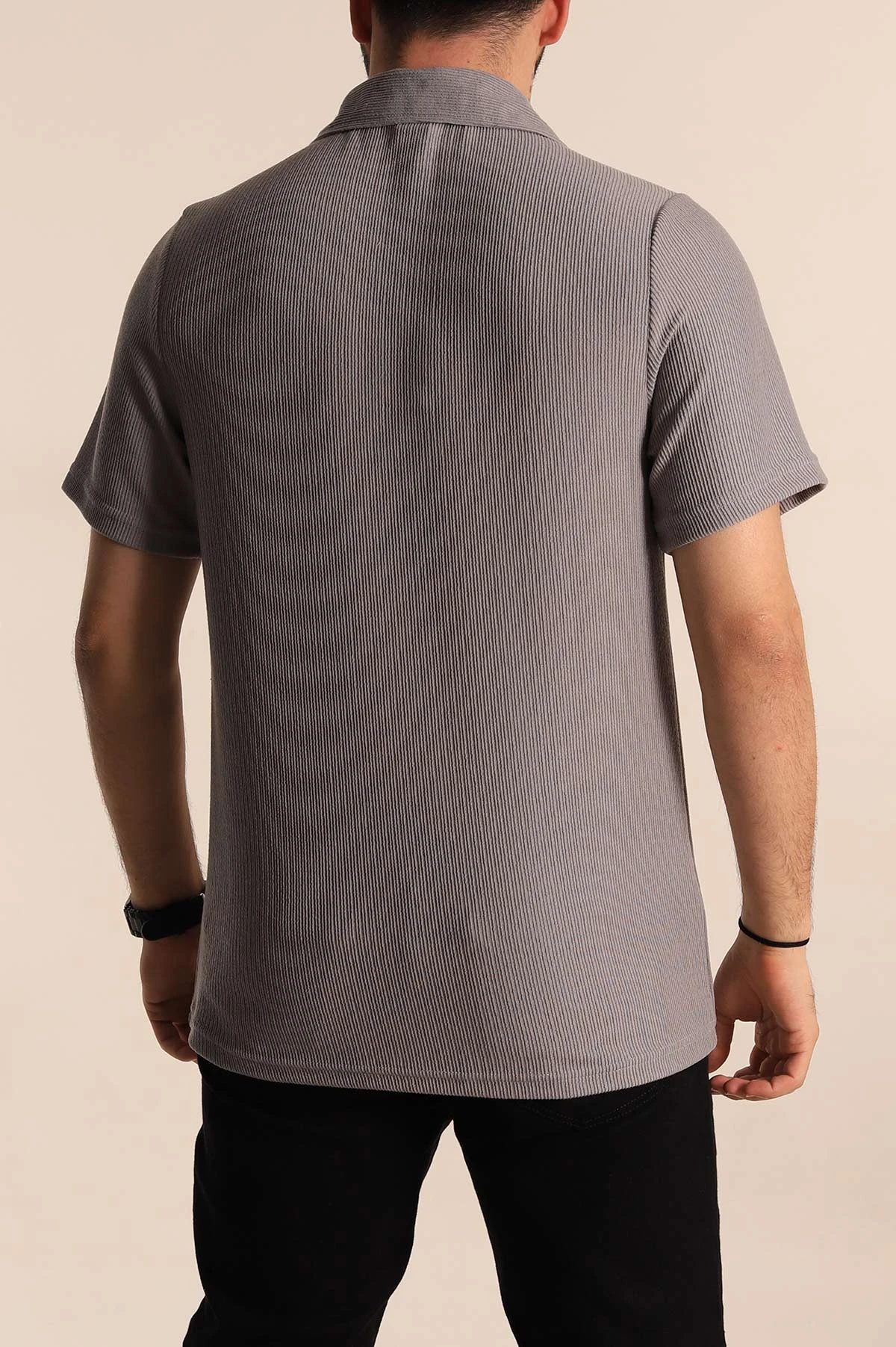 Gri Relaxed Fit Fitilli Doku Polo Yaka Erkek Tişört 268866