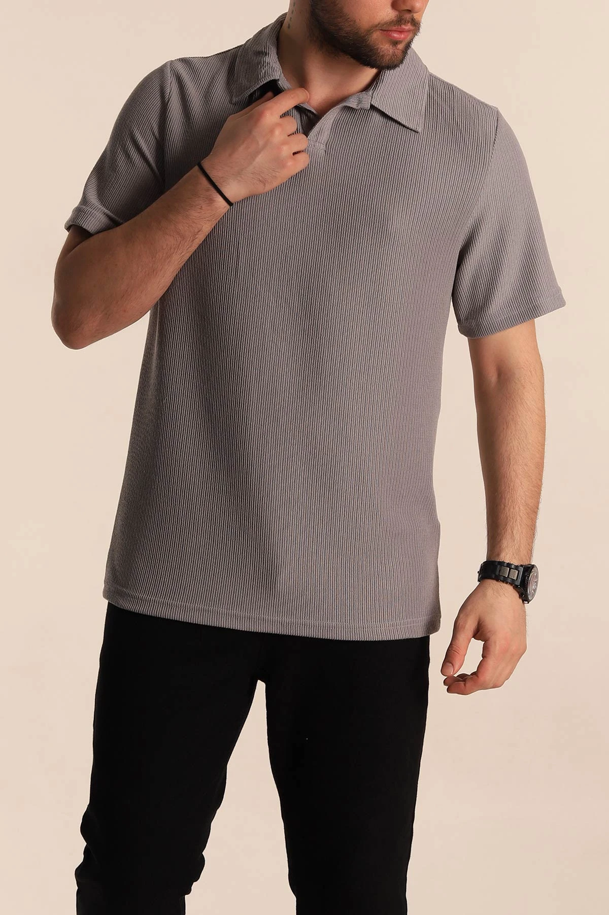 Gri Relaxed Fit Fitilli Doku Polo Yaka Erkek Tişört 268866