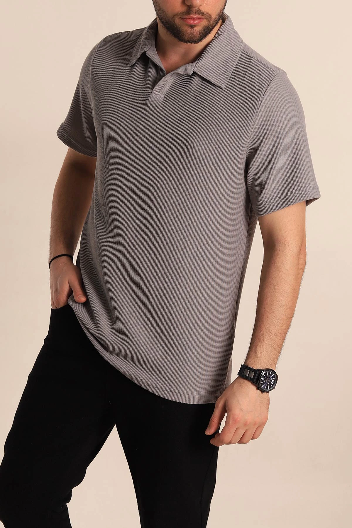Gri Relaxed Fit Fitilli Doku Polo Yaka Erkek Tişört 268866