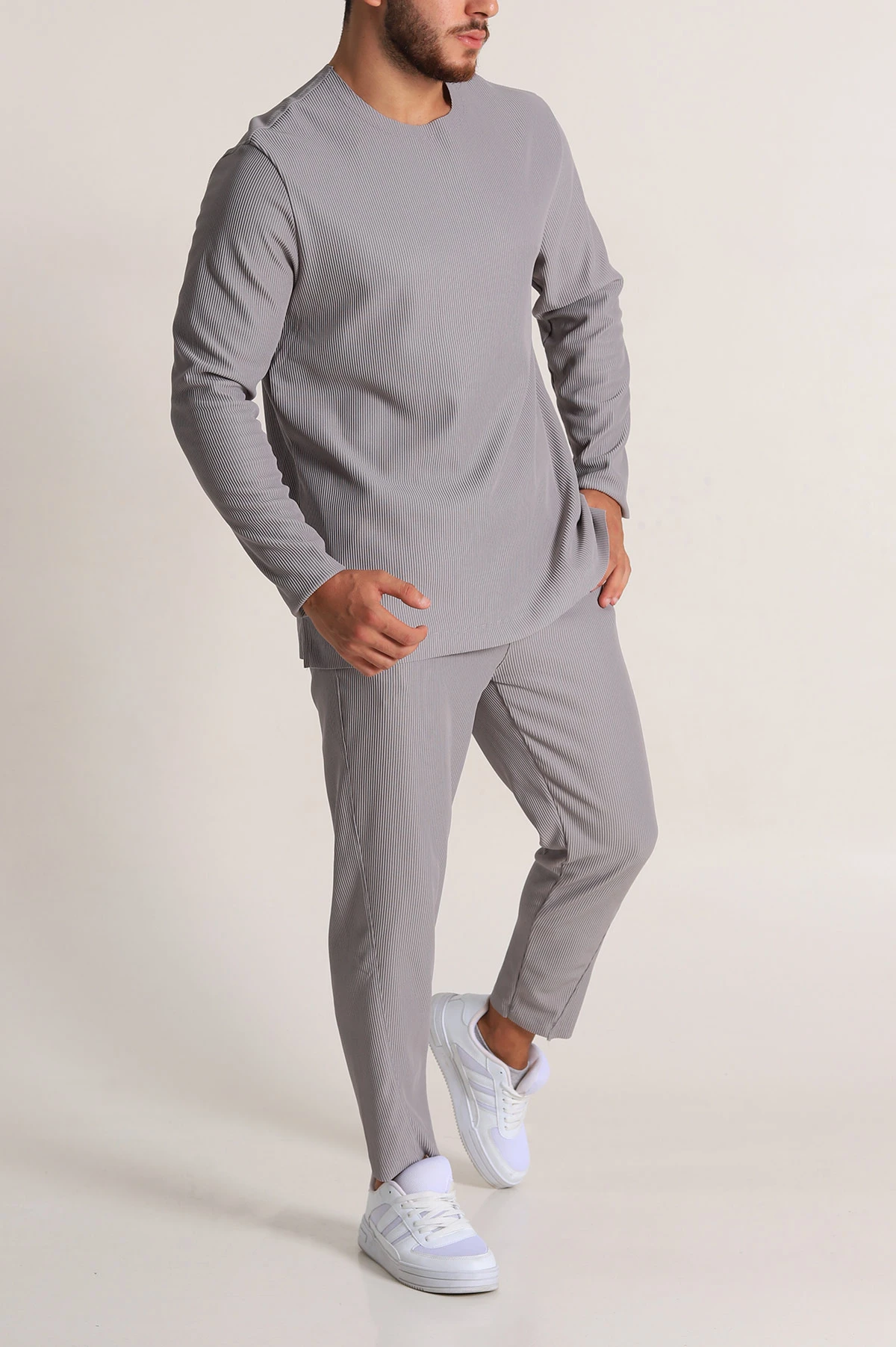 Gri Relaxed Fit Fitilli Dokulu Erkek Eşofman Takımı 300074