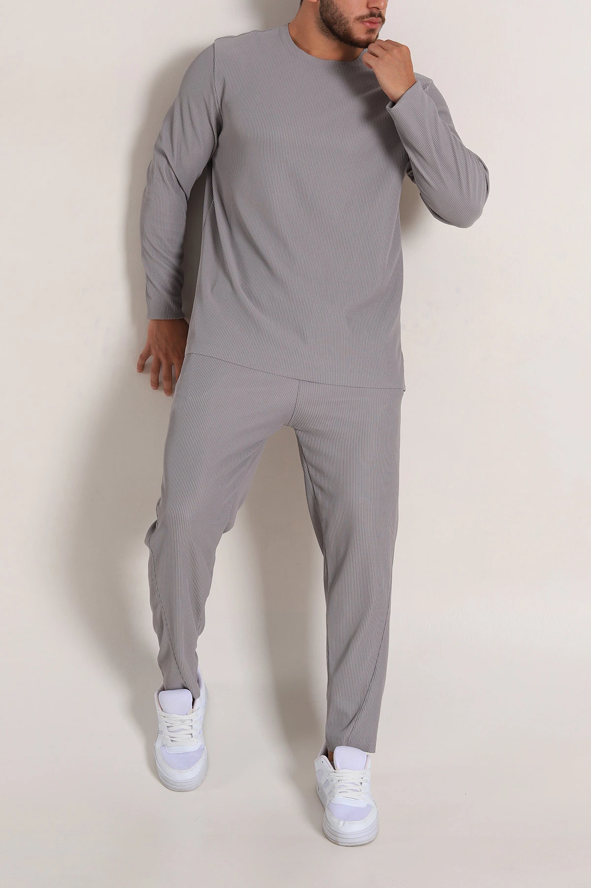Gri Relaxed Fit Fitilli Dokulu Erkek Eşofman Takımı 300074