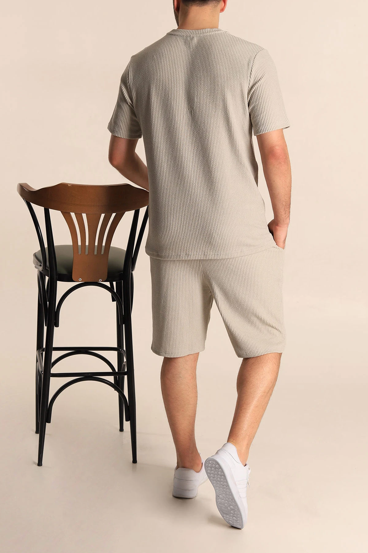 Gri Relaxed Fit Fitilli Dokulu Erkek Şortlu Takım 272840