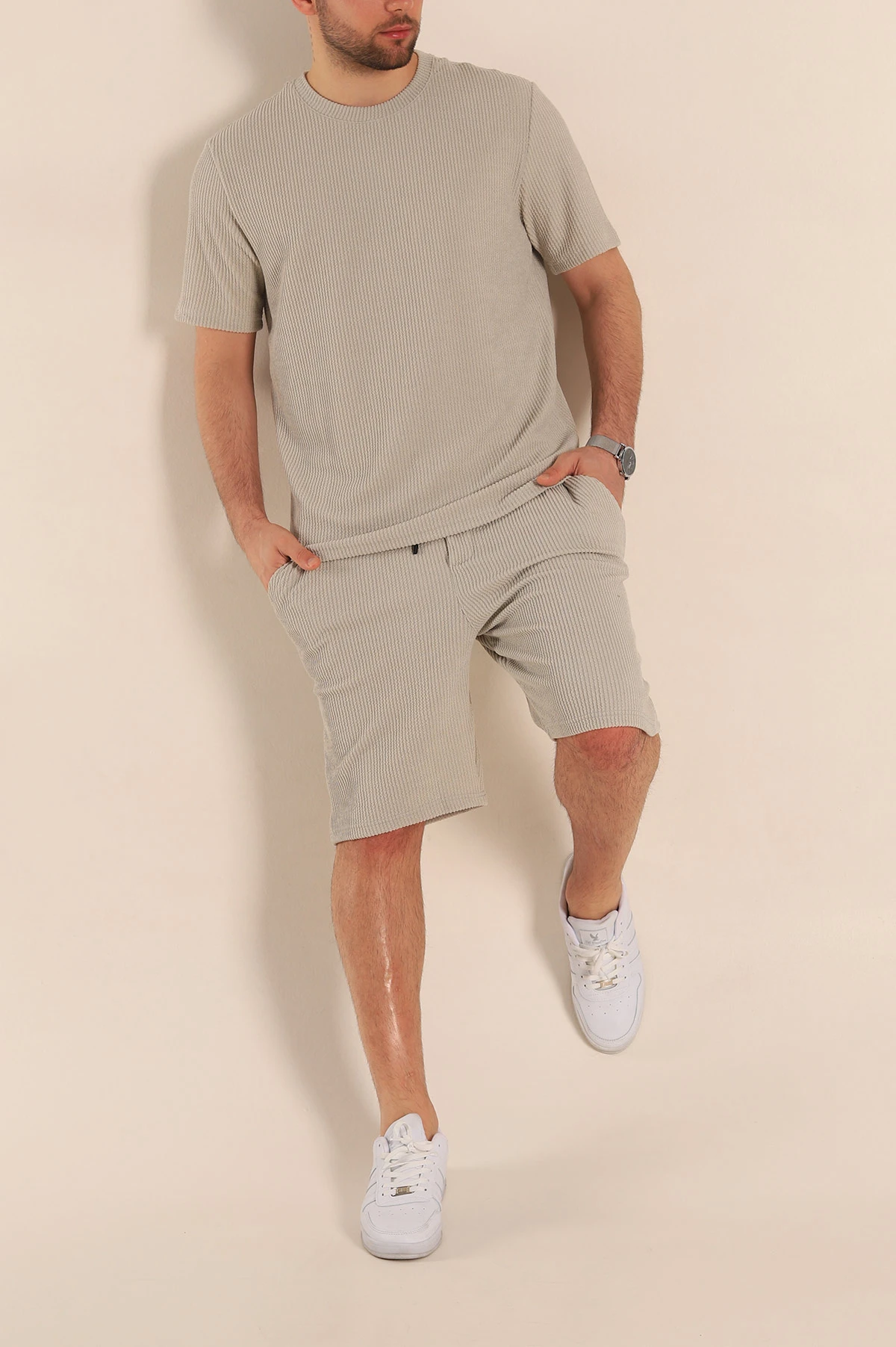 Gri Relaxed Fit Fitilli Dokulu Erkek Şortlu Takım 272840