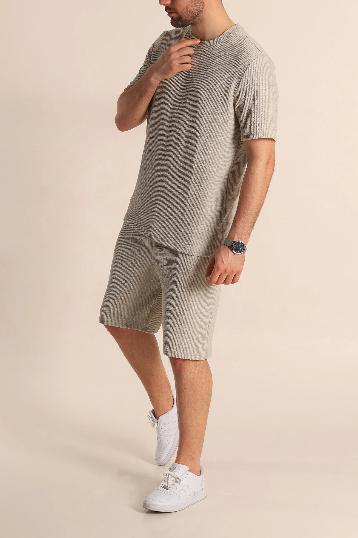 Gri Relaxed Fit Fitilli Dokulu Erkek Şortlu Takım 272840