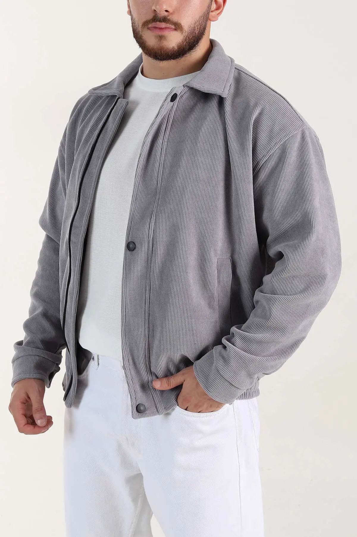 Gri Relaxed Fit Fitilli Dokulu İçi Astarlı Erkek Mont 400060