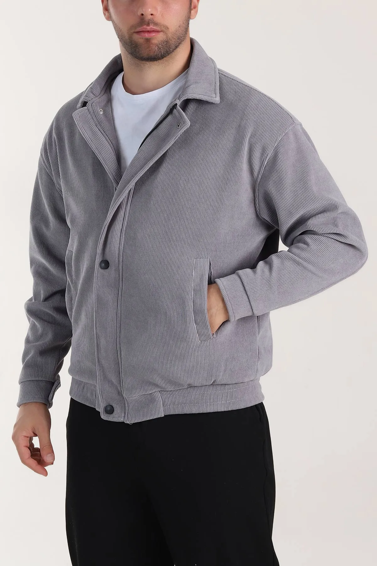 Gri Relaxed Fit Fitilli Dokulu İçi Astarlı Erkek Mont 409638