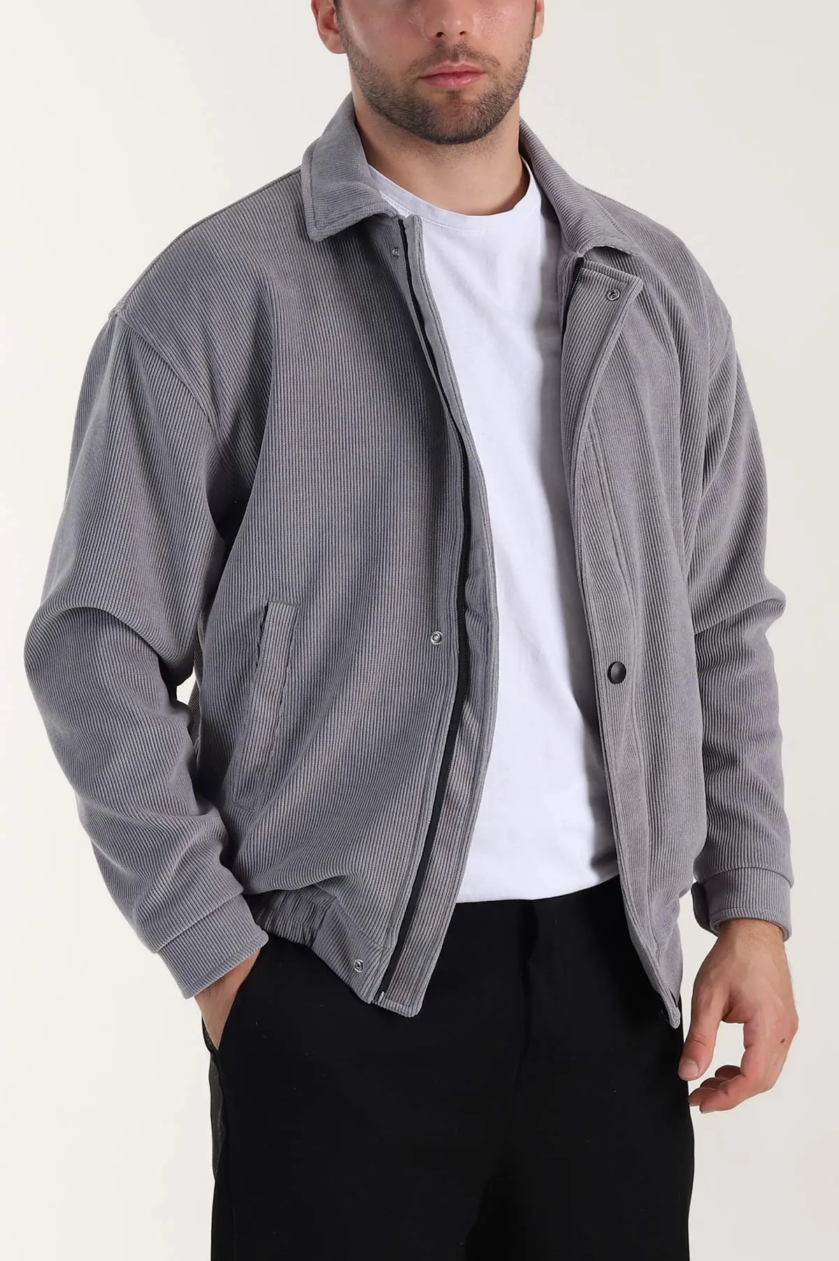 Gri Relaxed Fit Fitilli Dokulu İçi Astarlı Erkek Mont 409638