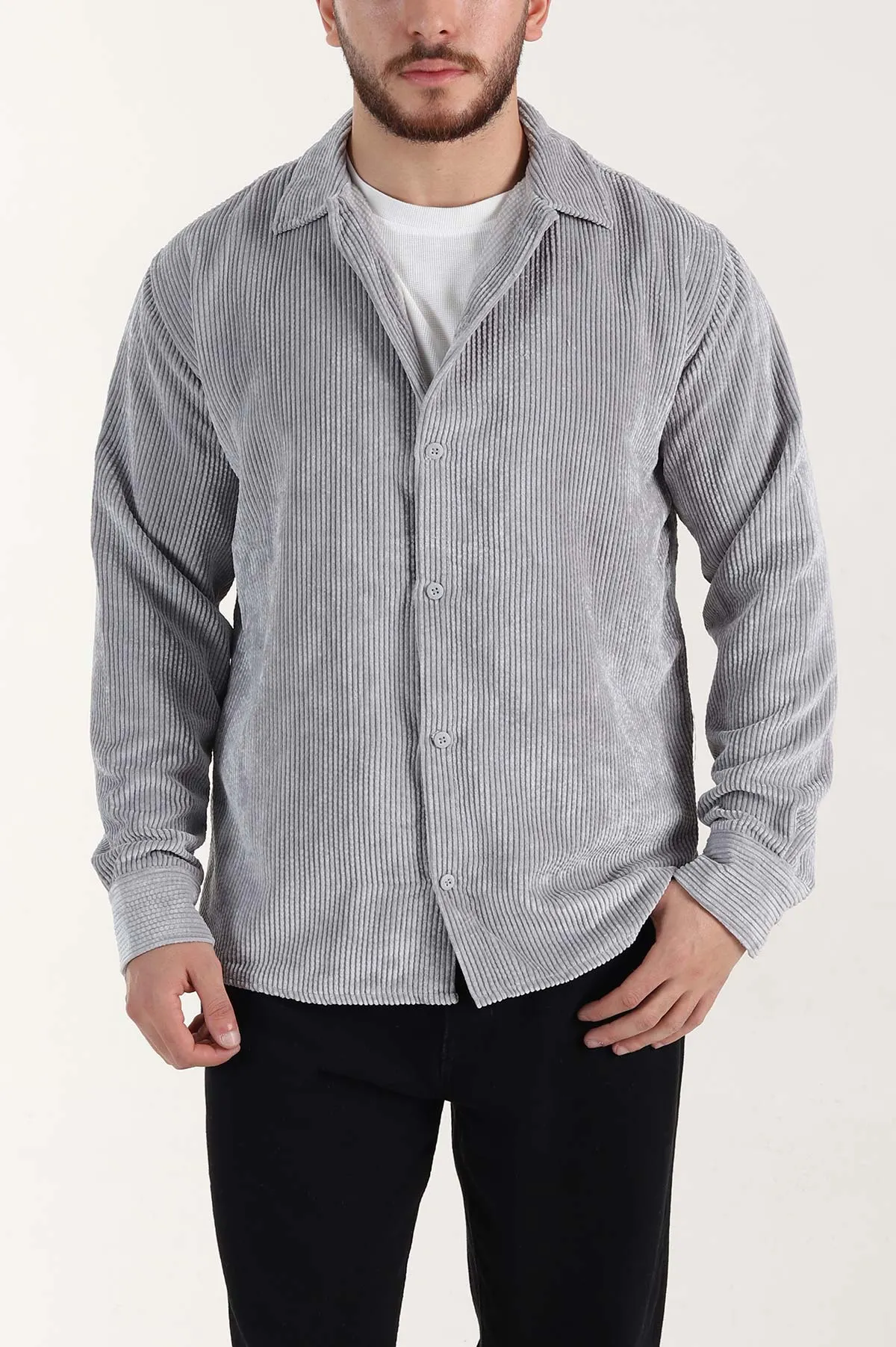 Gri Relaxed Fit Fitilli Kadife Erkek Gömlek 399751