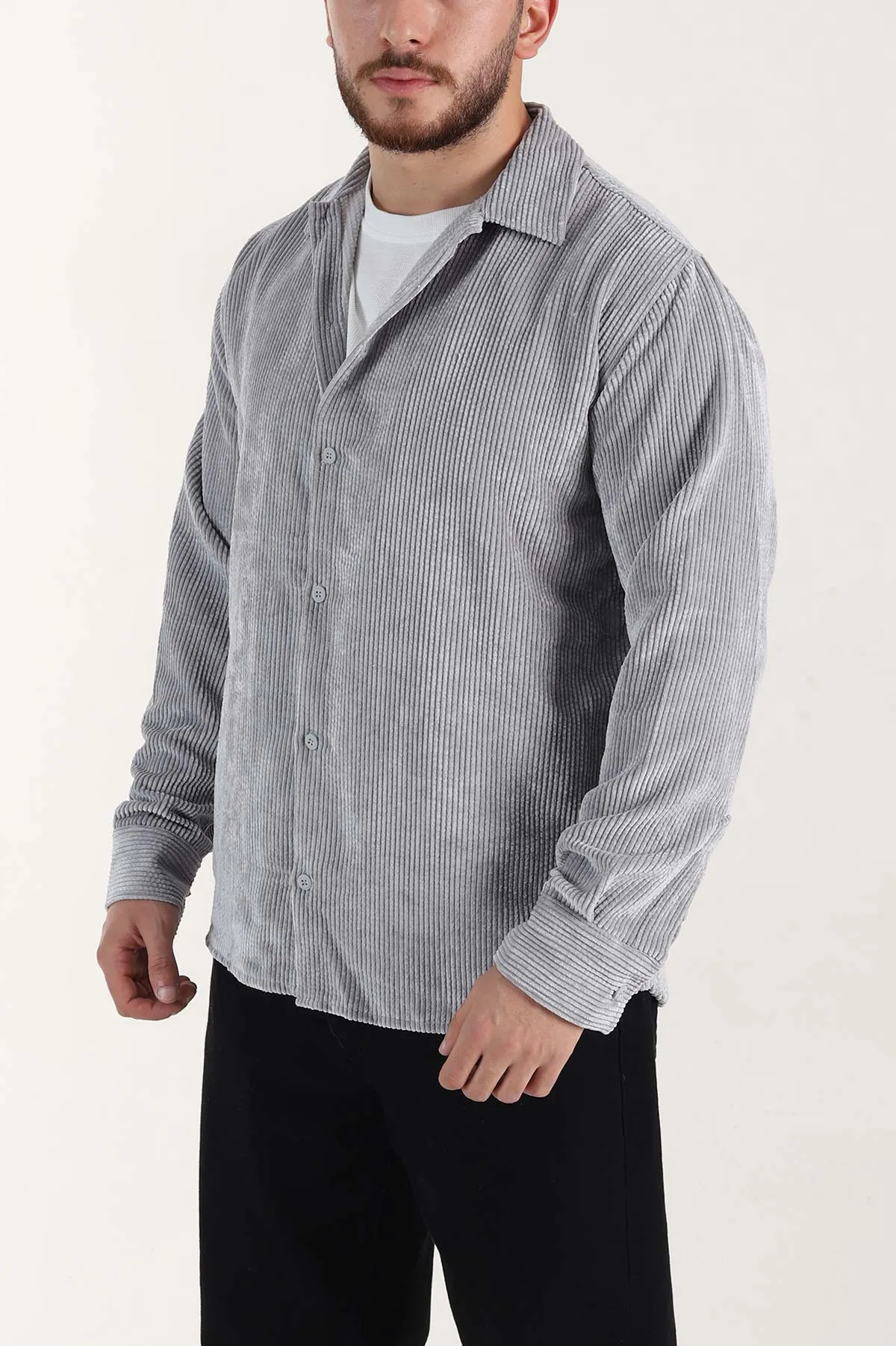Gri Relaxed Fit Fitilli Kadife Erkek Gömlek 399751