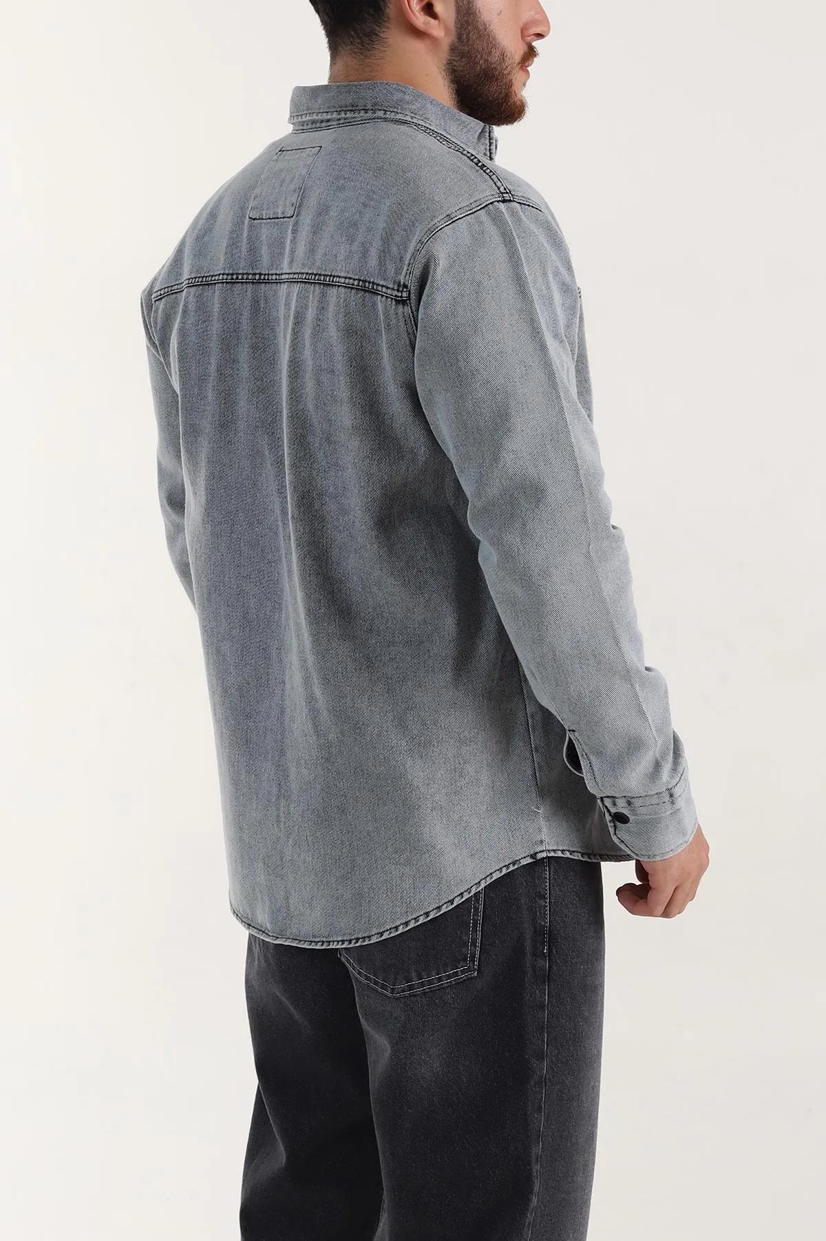 Gri Relaxed Fit Gabardin Çift Cepli Yıkamalı Erkek Gömlek 397974