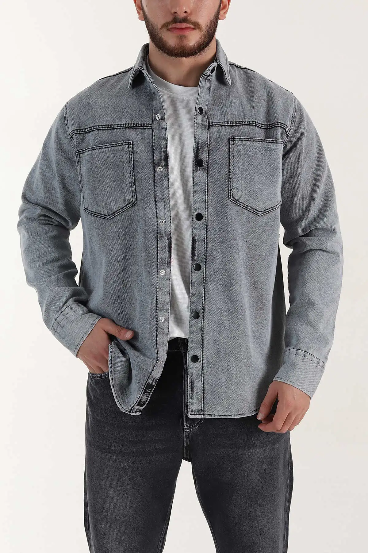 Gri Relaxed Fit Gabardin Çift Cepli Yıkamalı  Erkek Gömlek 397974