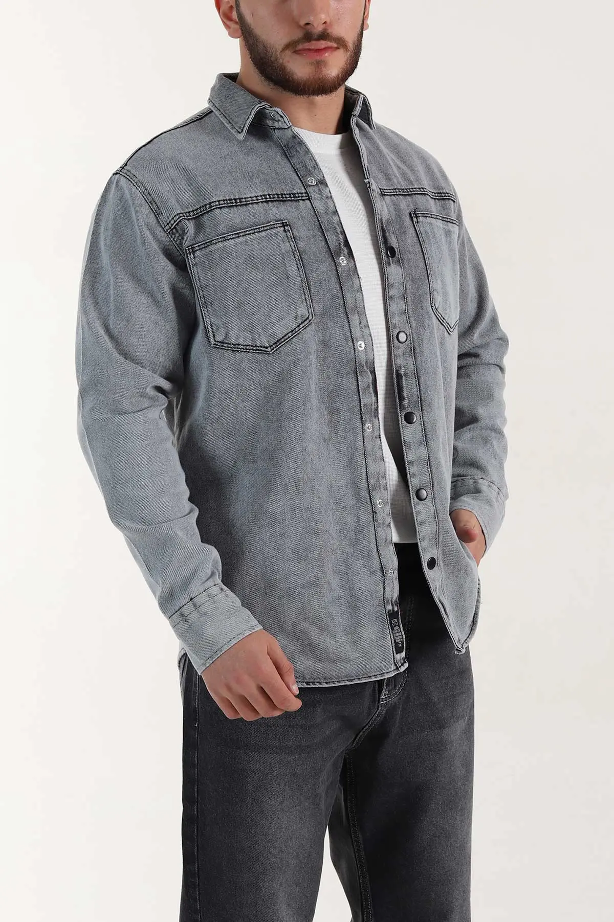 Gri Relaxed Fit Gabardin Çift Cepli Yıkamalı Erkek Gömlek 397974