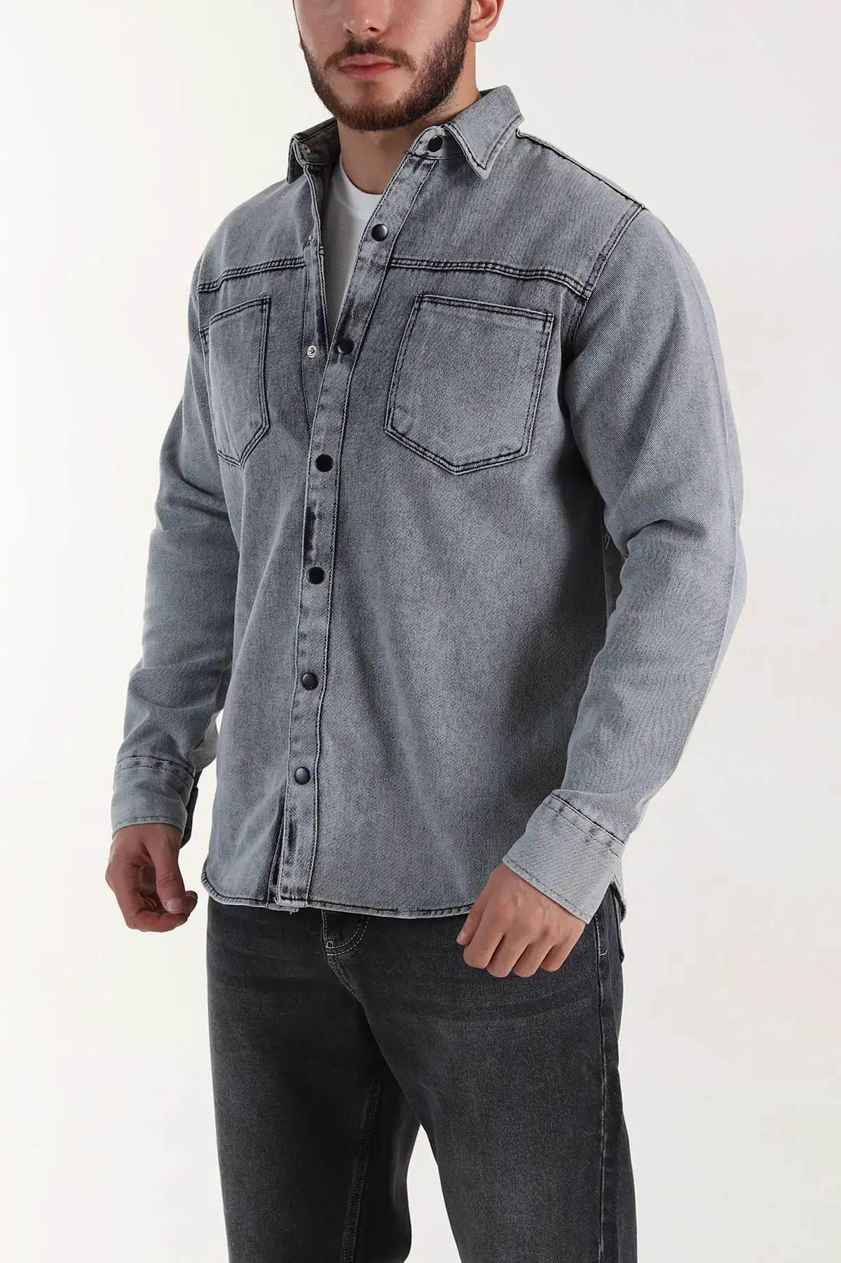 Gri Relaxed Fit Gabardin Çift Cepli Yıkamalı Erkek Gömlek 397974