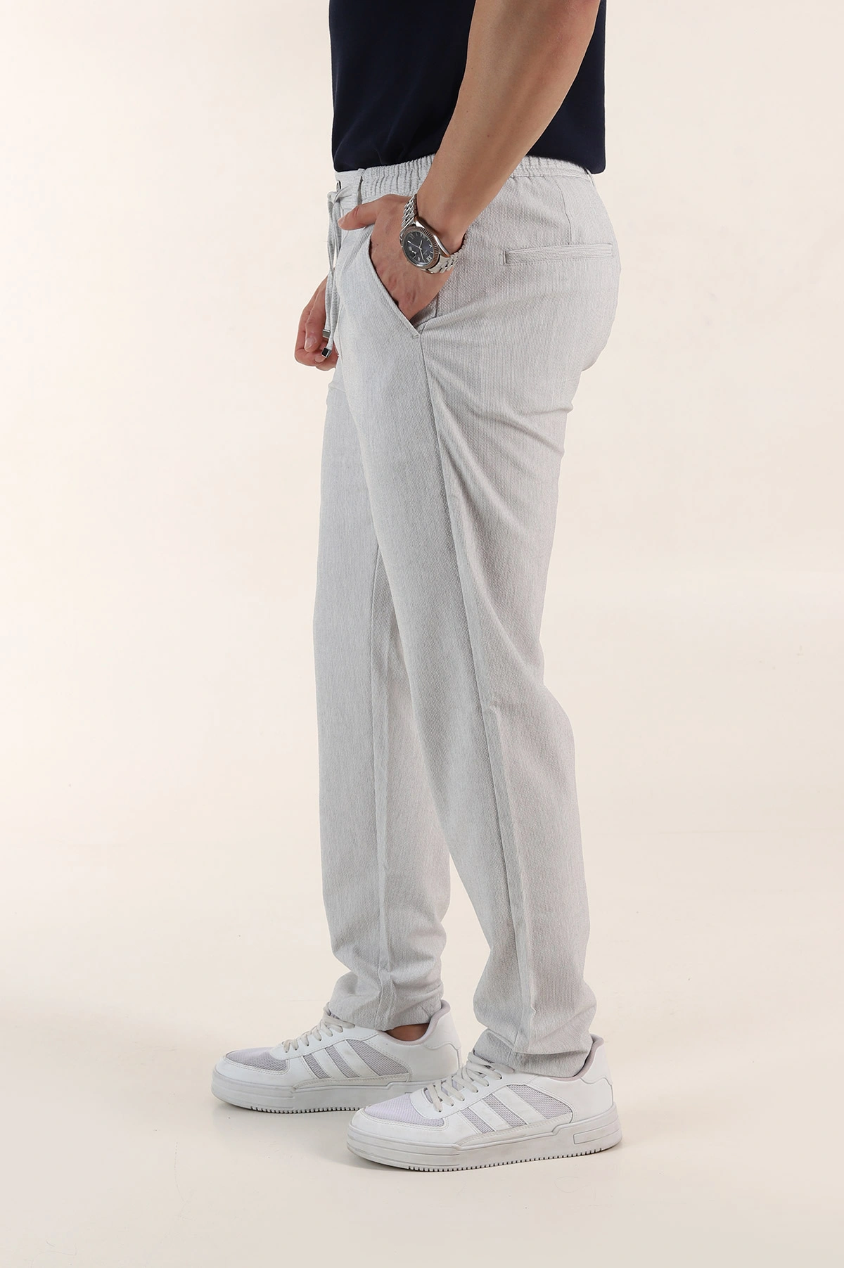 Gri Relaxed Fit Gofre Kumaş Bel Arkası Lastikli Erkek Pantolon 362585