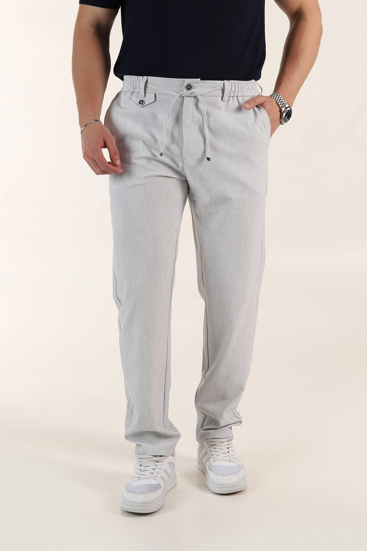 Gri Relaxed Fit Gofre Kumaş Bel Arkası Lastikli Erkek Pantolon 362585