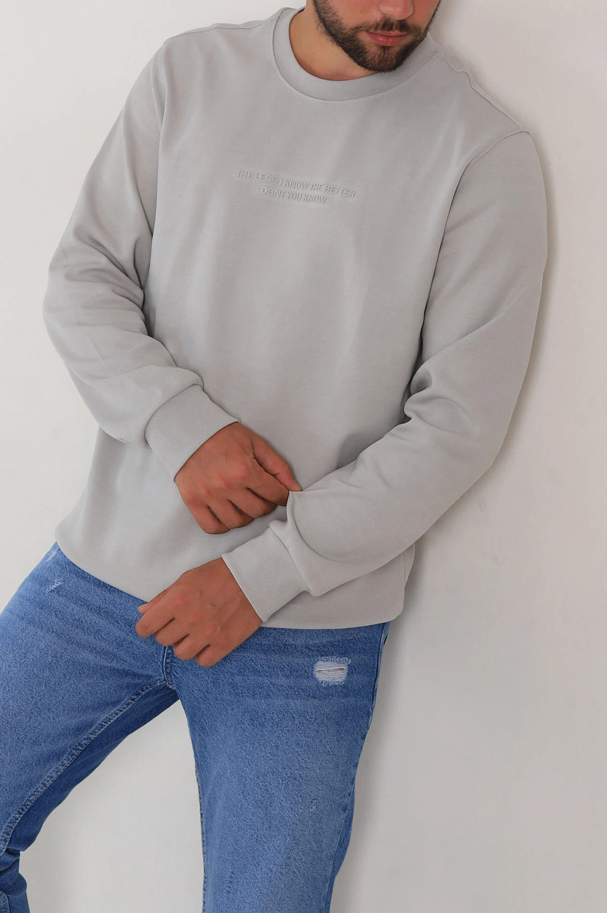 Gri Relaxed Fit İki İp Yazı Detaylı Basic Erkek Sweatshirt 299864