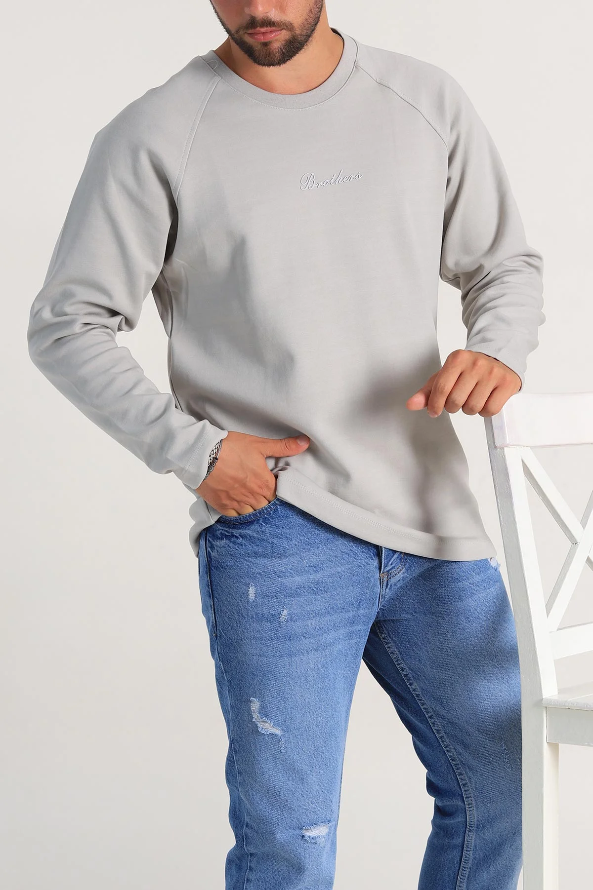 Gri Relaxed Fit İki İp Yazı Detaylı Basic Erkek Sweatshirt 299893