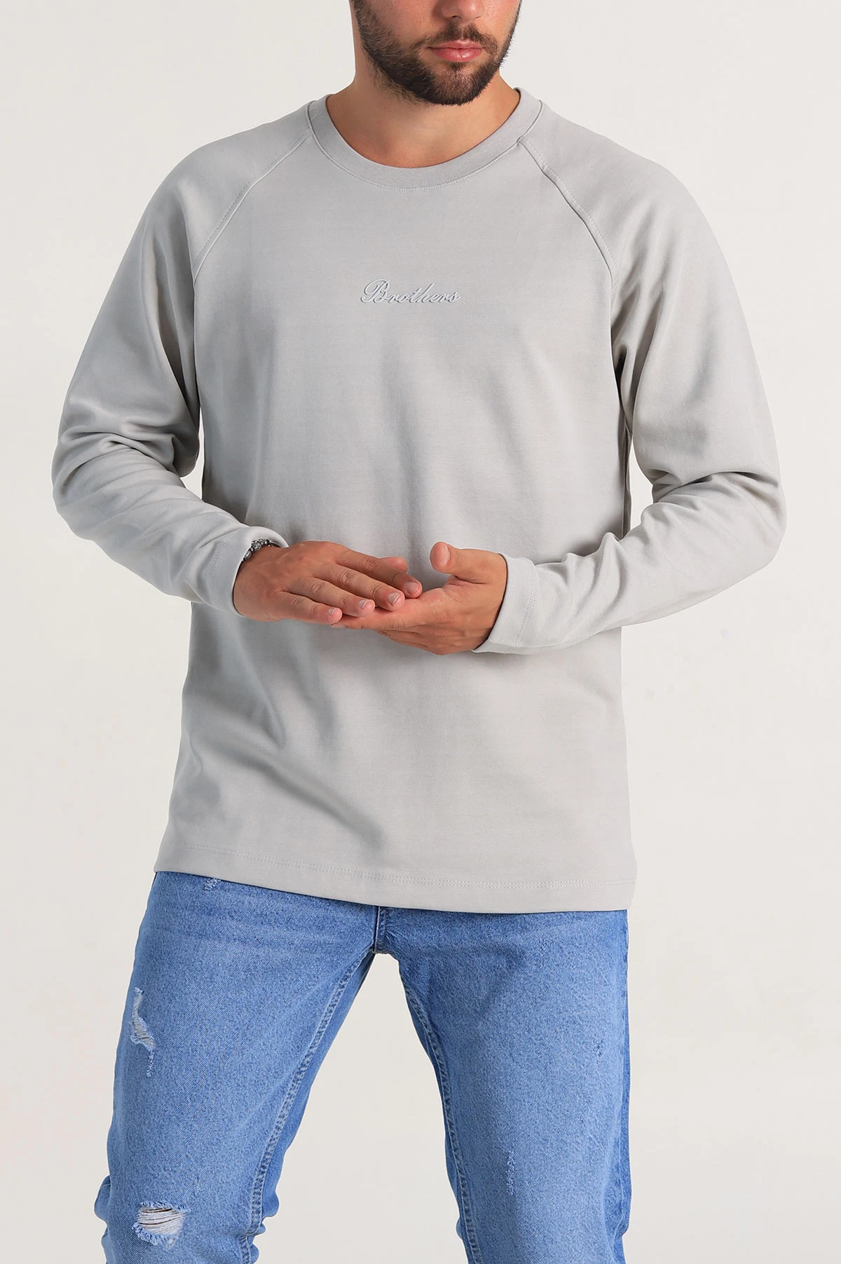 Gri Relaxed Fit İki İp Yazı Detaylı Basic Erkek Sweatshirt 299893