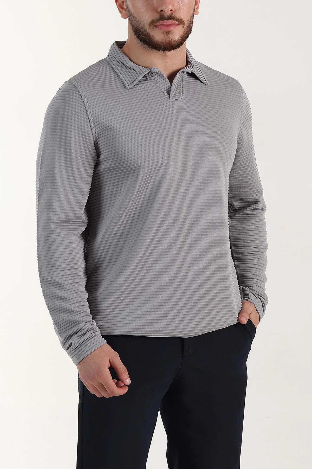 Gri Relaxed Fit Jakarlı Kumaş Kalın Fitilli Polo Yaka Sweatshirt 399555