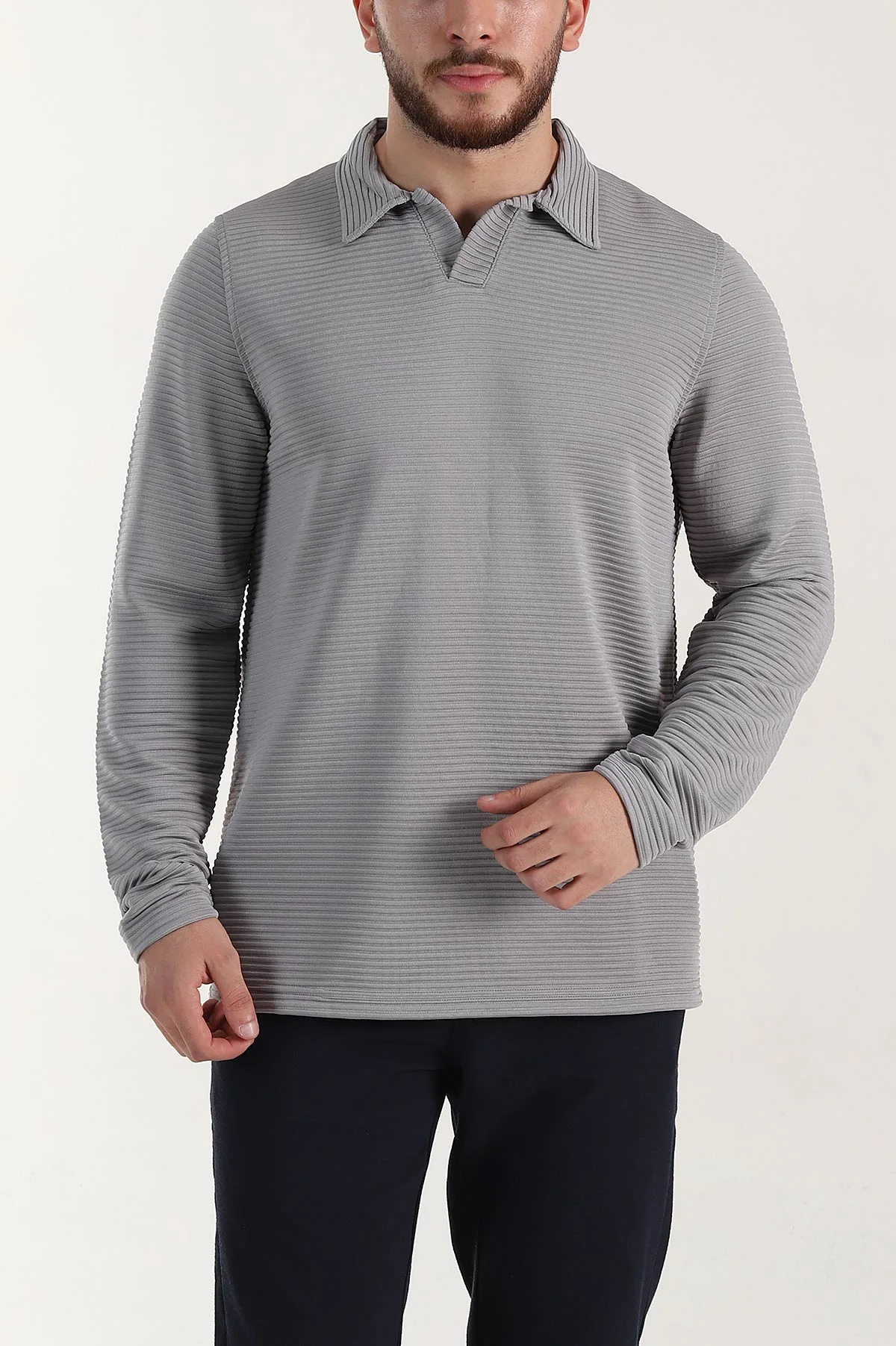 Gri Relaxed Fit Jakarlı Kumaş Kalın Fitilli Polo Yaka Sweatshirt 399555