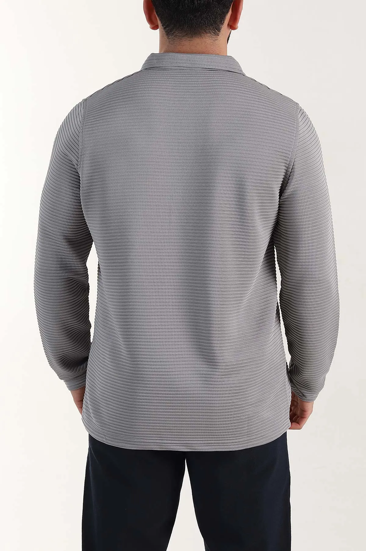 Gri Relaxed Fit Jakarlı Kumaş Kalın Fitilli Polo Yaka Sweatshirt 399555
