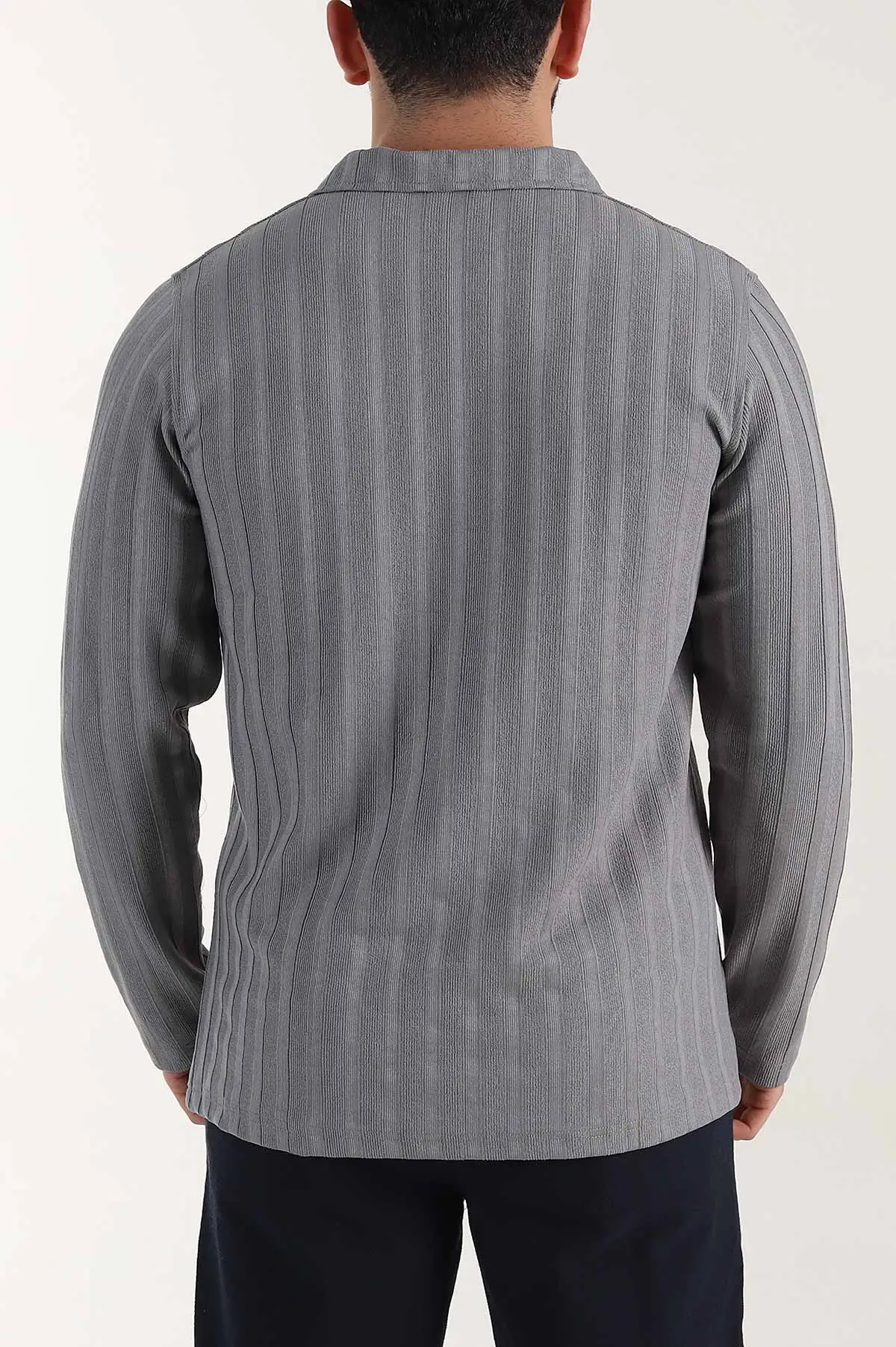 Gri Relaxed Fit Jakarlı Kumaş Yazı Detay Polo Yaka Erkek Sweatshirt 399384