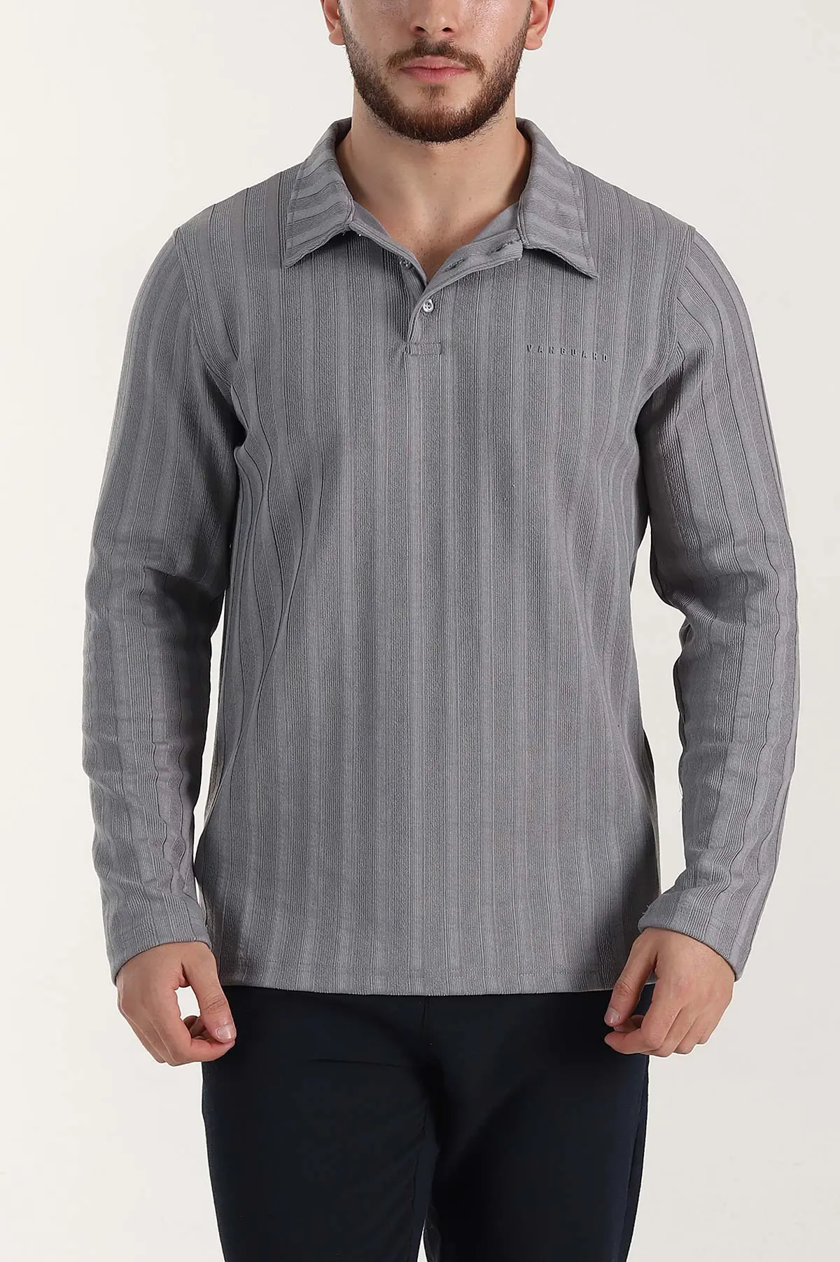 Gri Relaxed Fit Jakarlı Kumaş Yazı Detay Polo Yaka Erkek Sweatshirt 399384