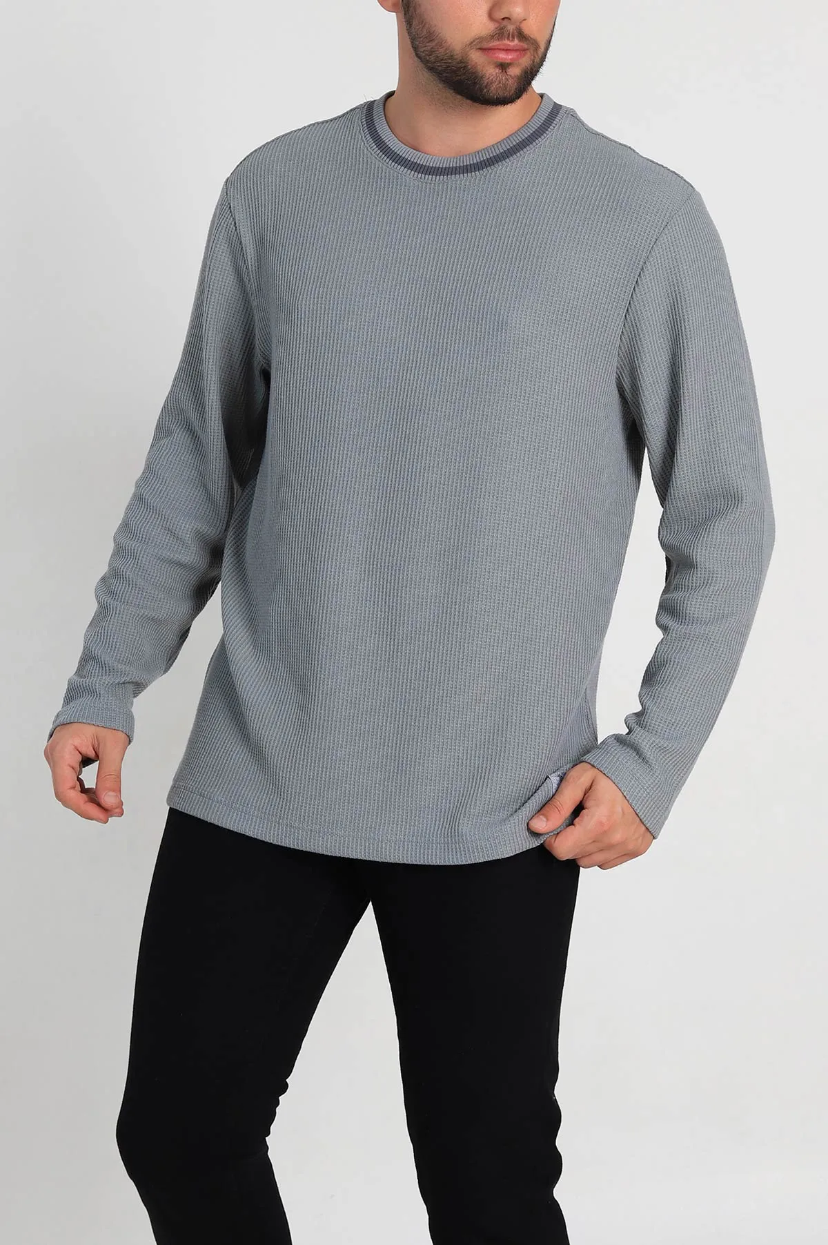 Gri Relaxed Fit Jakarlı Pike Dokulu Erkek İnce Sweatshirt 322368