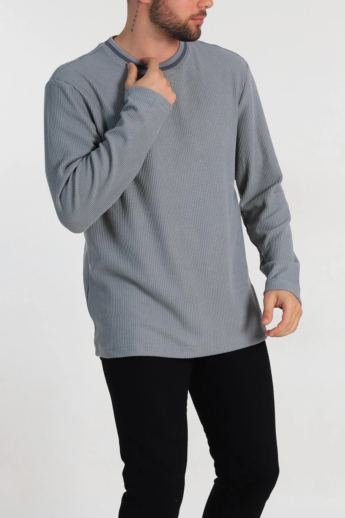Gri Relaxed Fit Jakarlı Pike Dokulu Erkek İnce Sweatshirt 322368