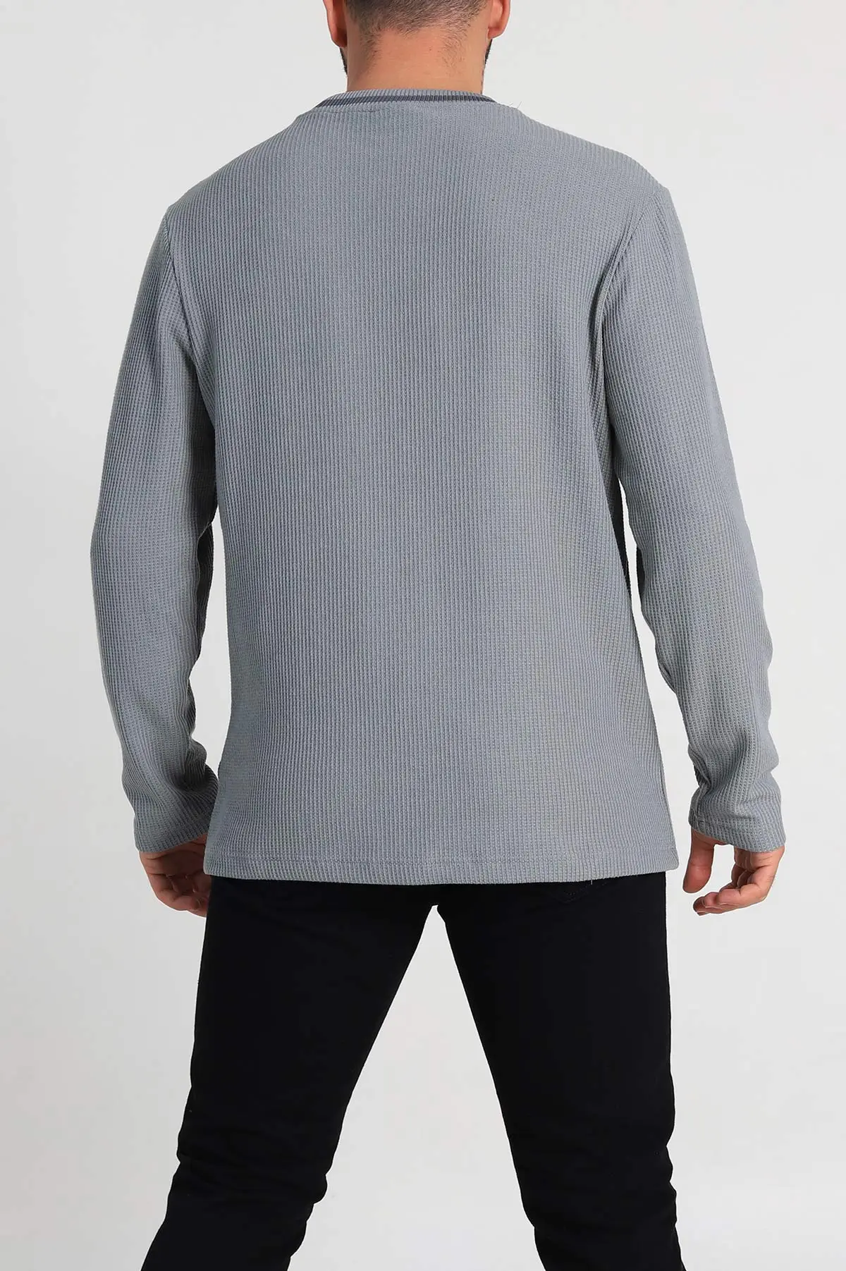 Gri Relaxed Fit Jakarlı Pike Dokulu Erkek İnce Sweatshirt 322368