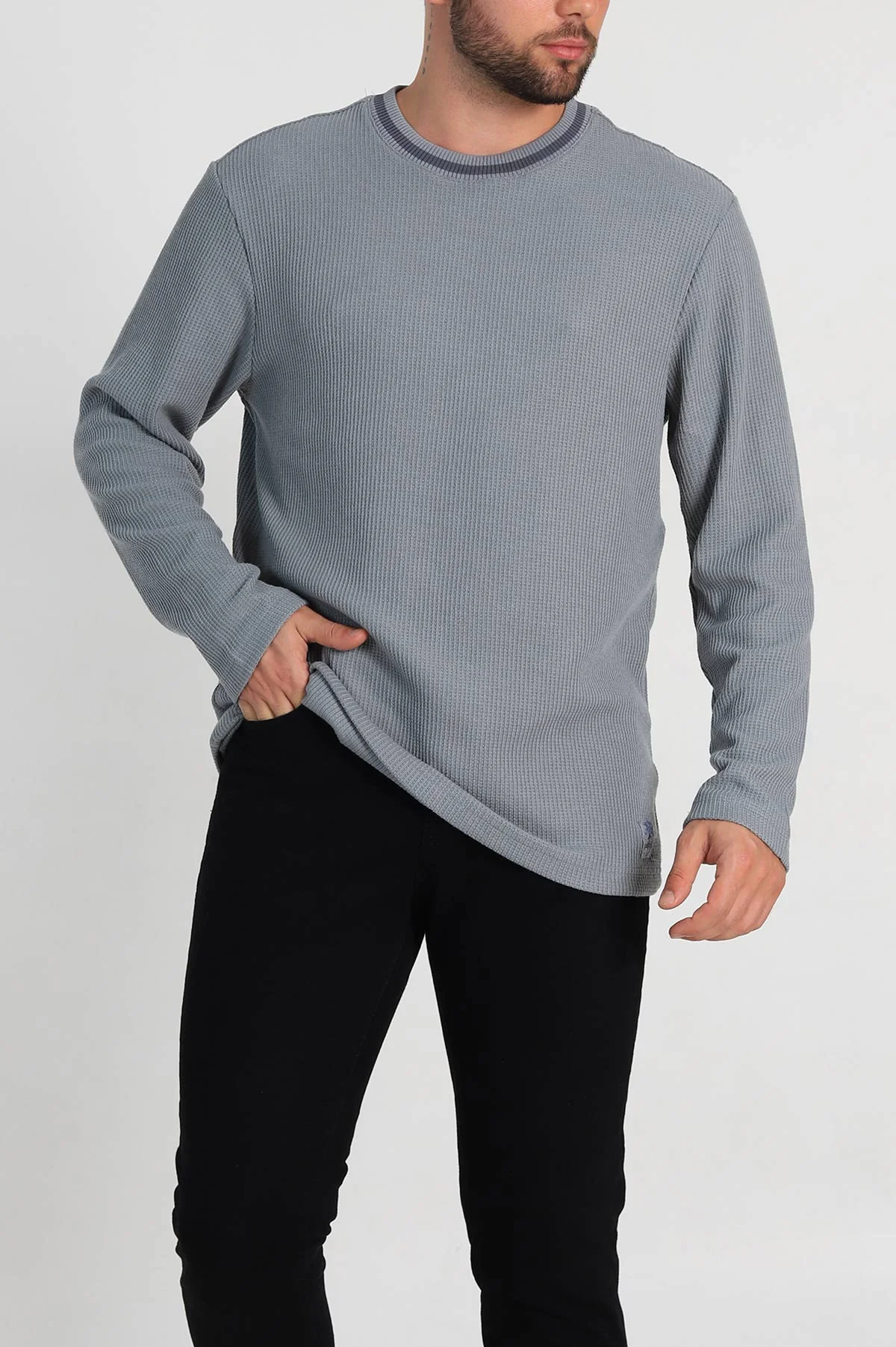 Gri Relaxed Fit Jakarlı Pike Dokulu Erkek İnce Sweatshirt 322368