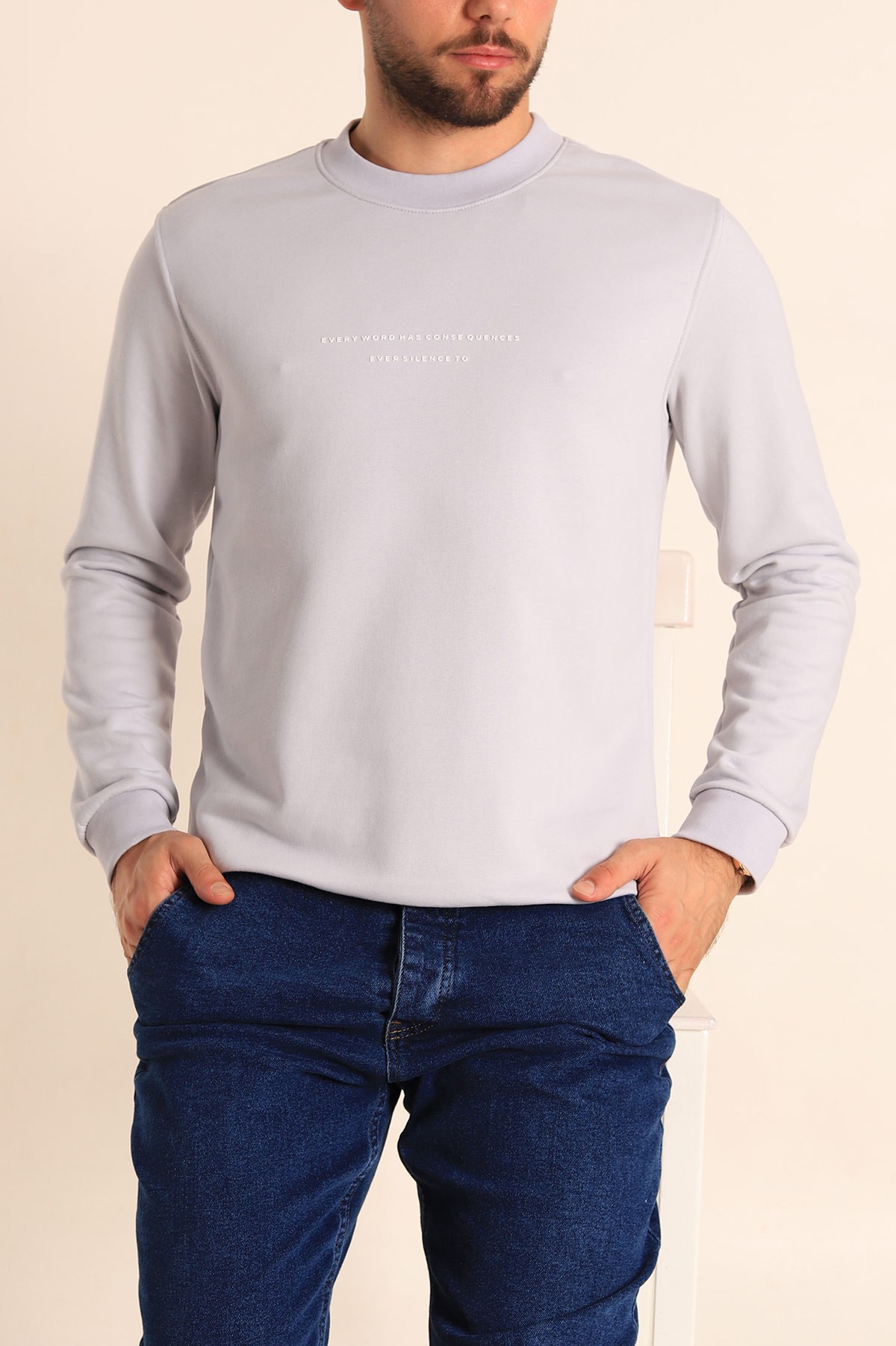 Gri Relaxed Fit Kabartma Yazılı Erkek Sweatshirt 221451