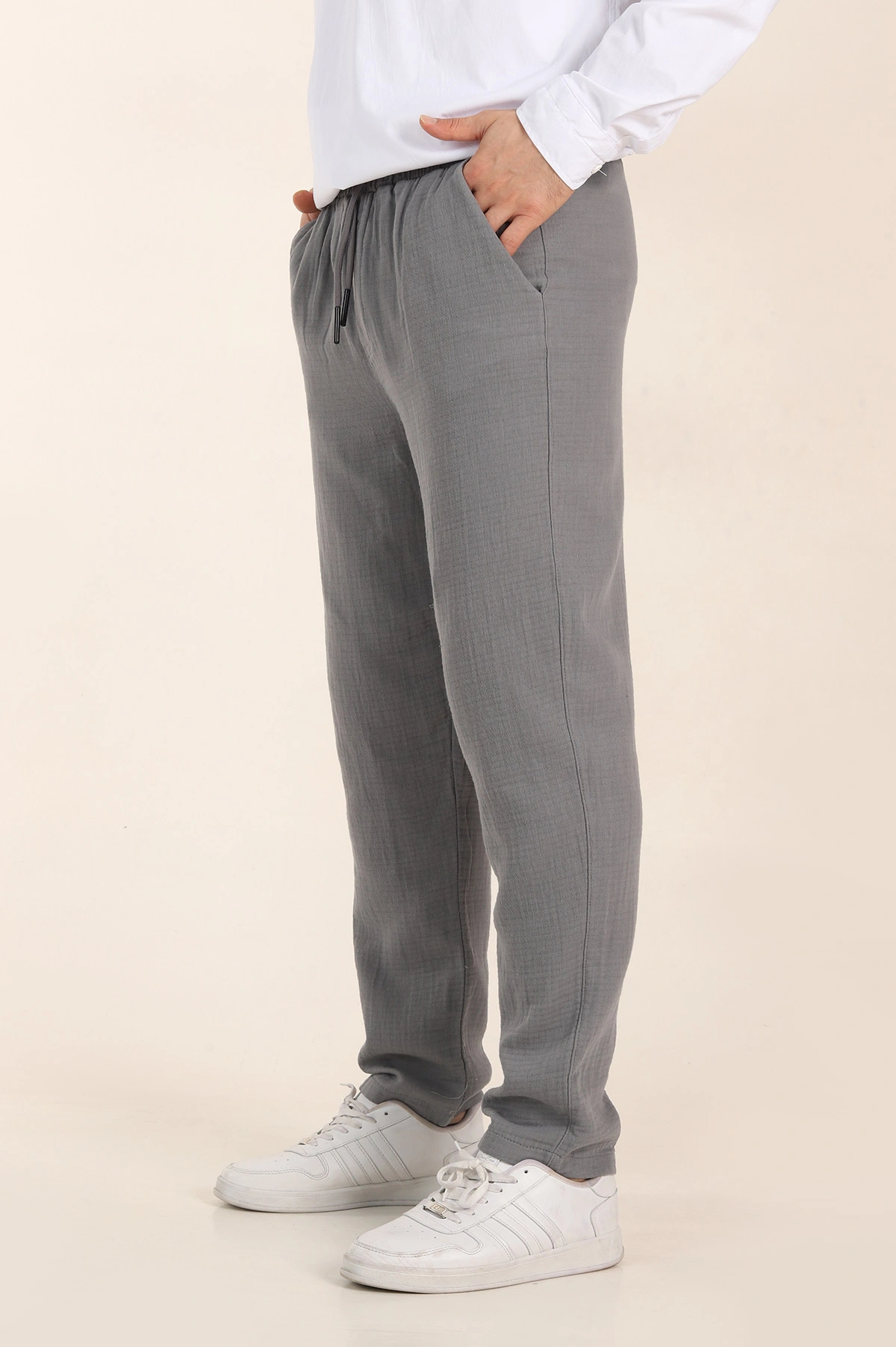 Gri Relaxed Fit Kalın Müslin Keten Erkek Jogger Eşofman Altı 354107