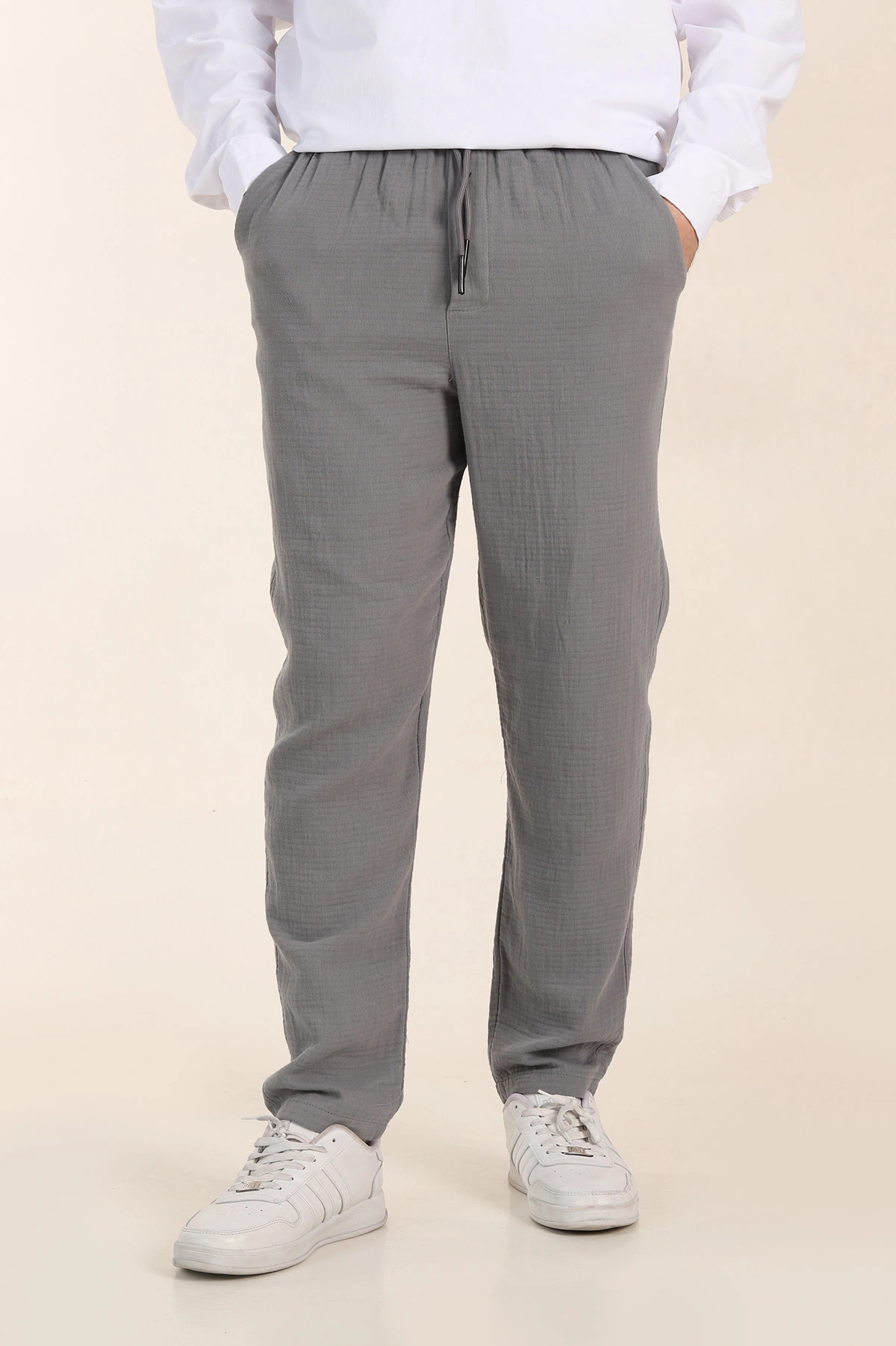 Gri Relaxed Fit Kalın Müslin Keten Erkek Jogger Eşofman Altı 354107