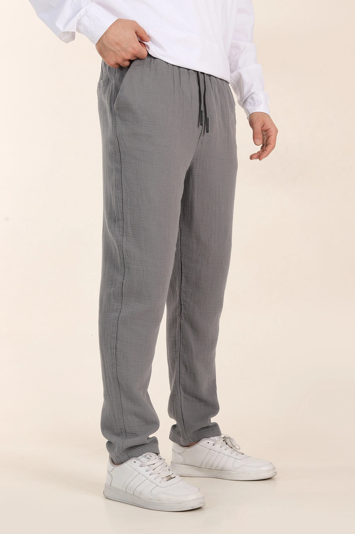 Gri Relaxed Fit Kalın Müslin Keten Erkek Jogger Eşofman Altı 354107
