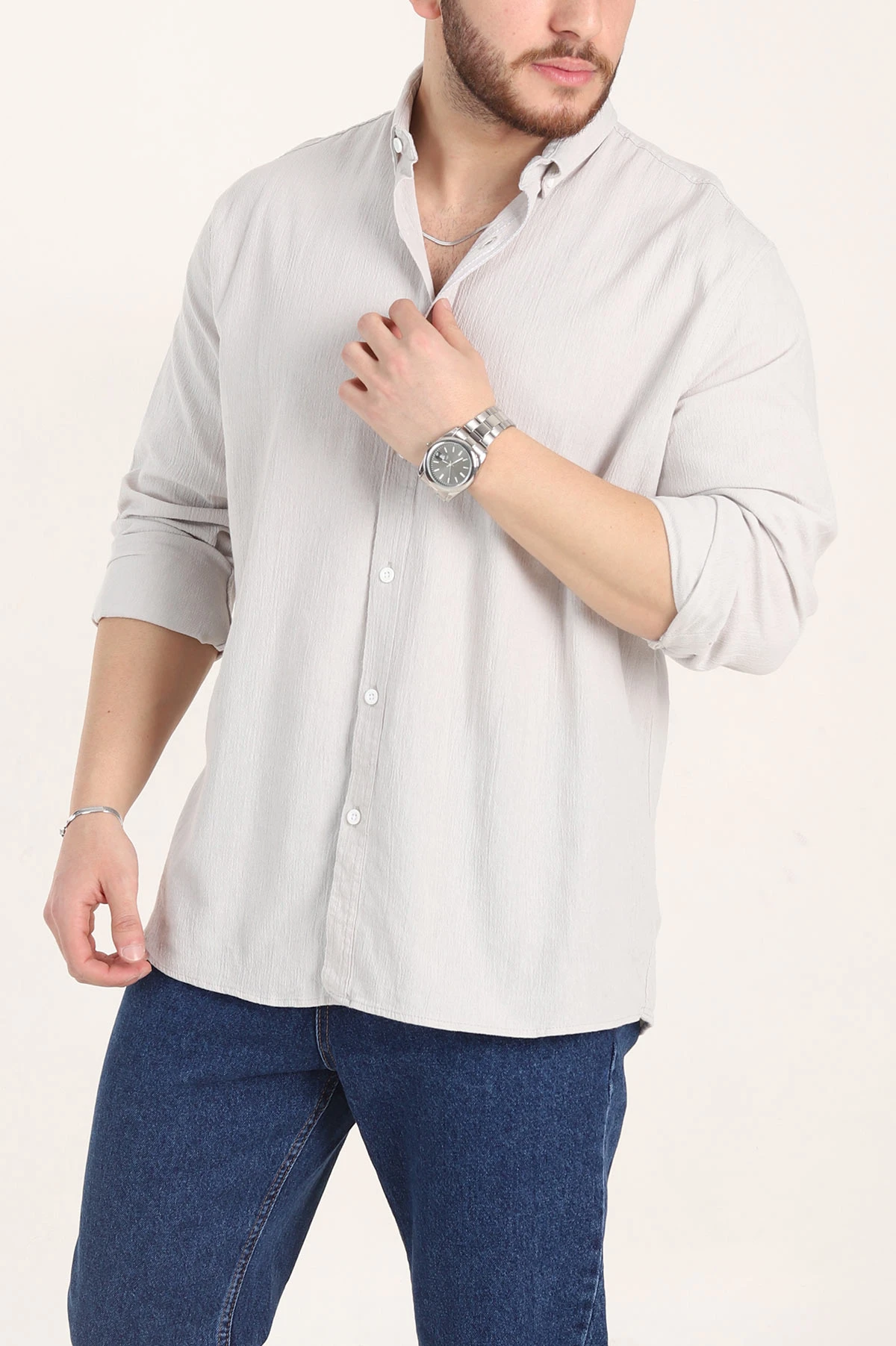 Gri Relaxed Fit Keten Ata Yaka Erkek Gömlek 356977