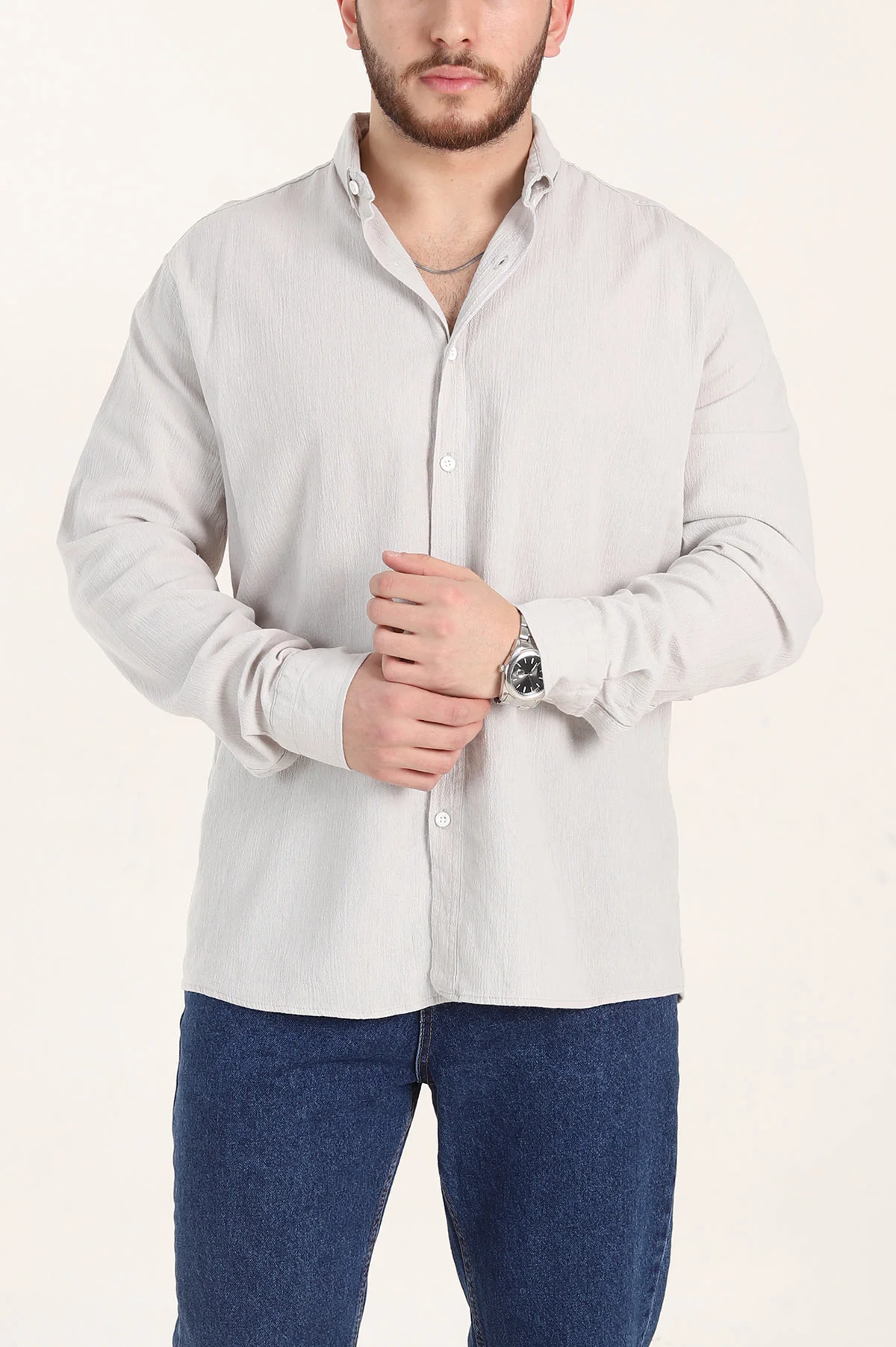 Gri Relaxed Fit Keten Ata Yaka Erkek Gömlek 356977
