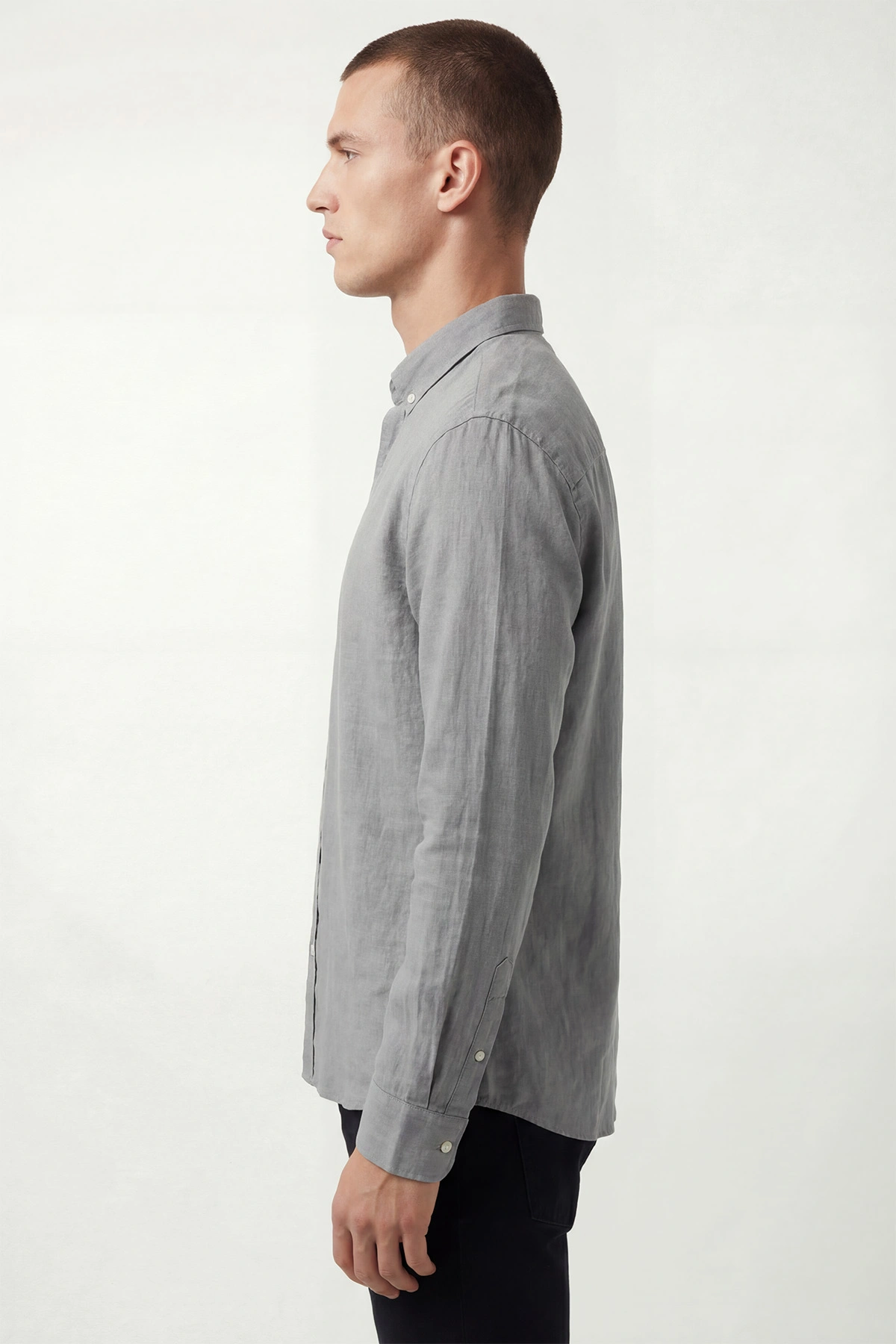 Gri Relaxed Fit Keten Ata Yaka Erkek Gömlek 435846