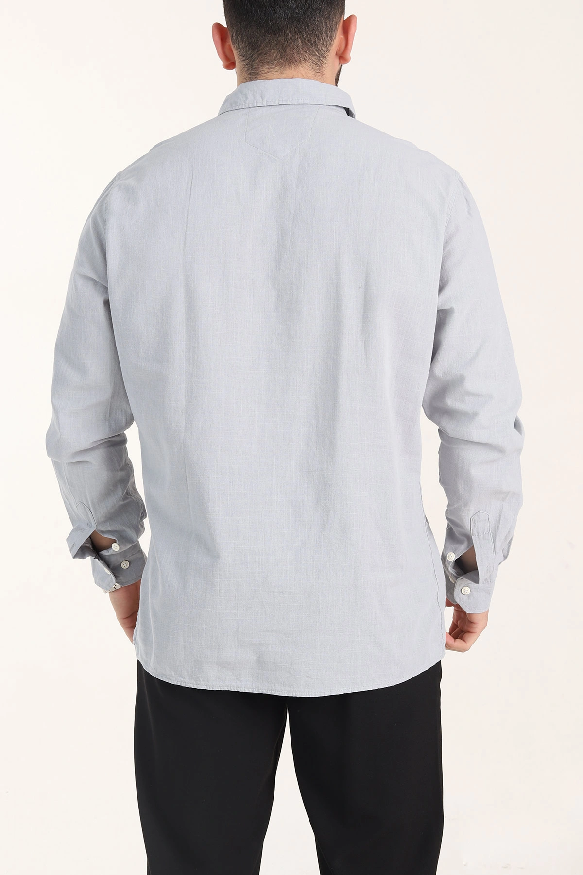 Gri Relaxed Fit Keten Cep Detaylı Erkek Gömlek 356968