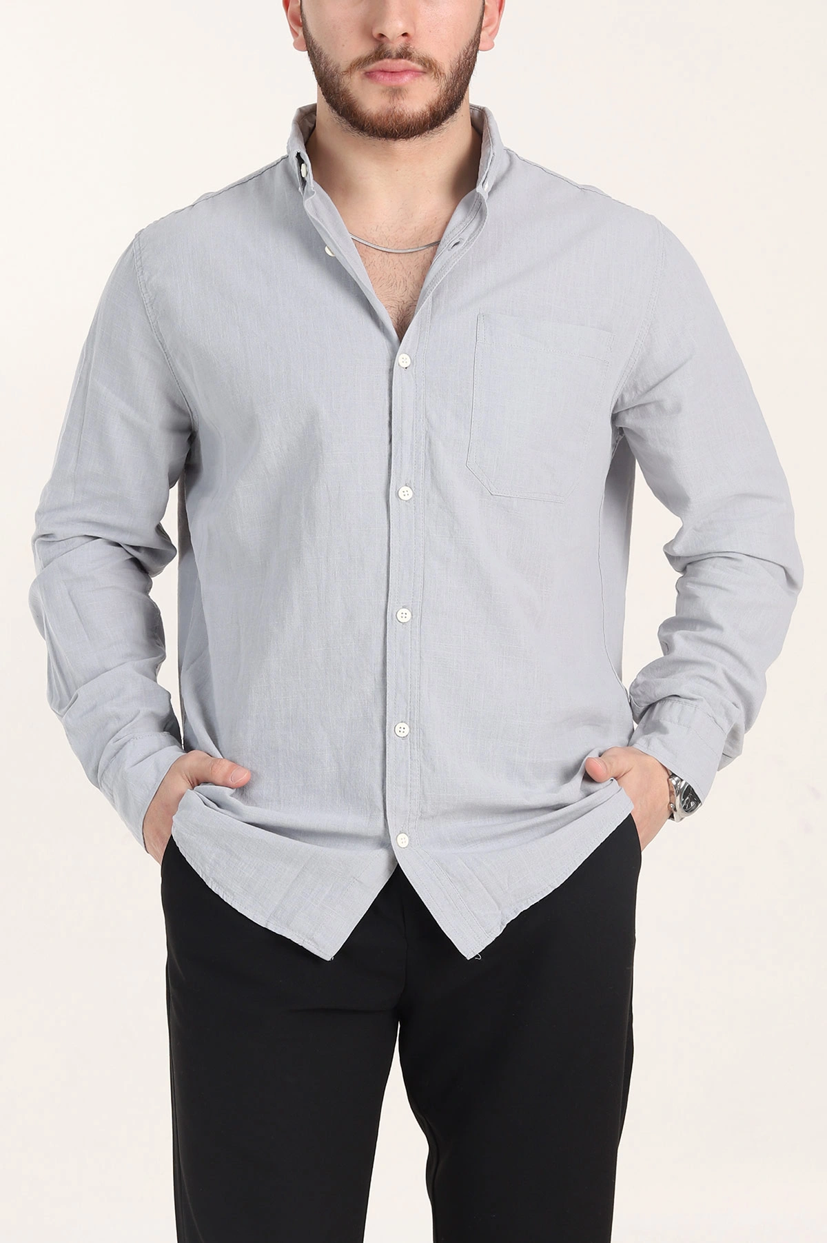 Gri Relaxed Fit Keten Cep Detaylı Erkek Gömlek 356968